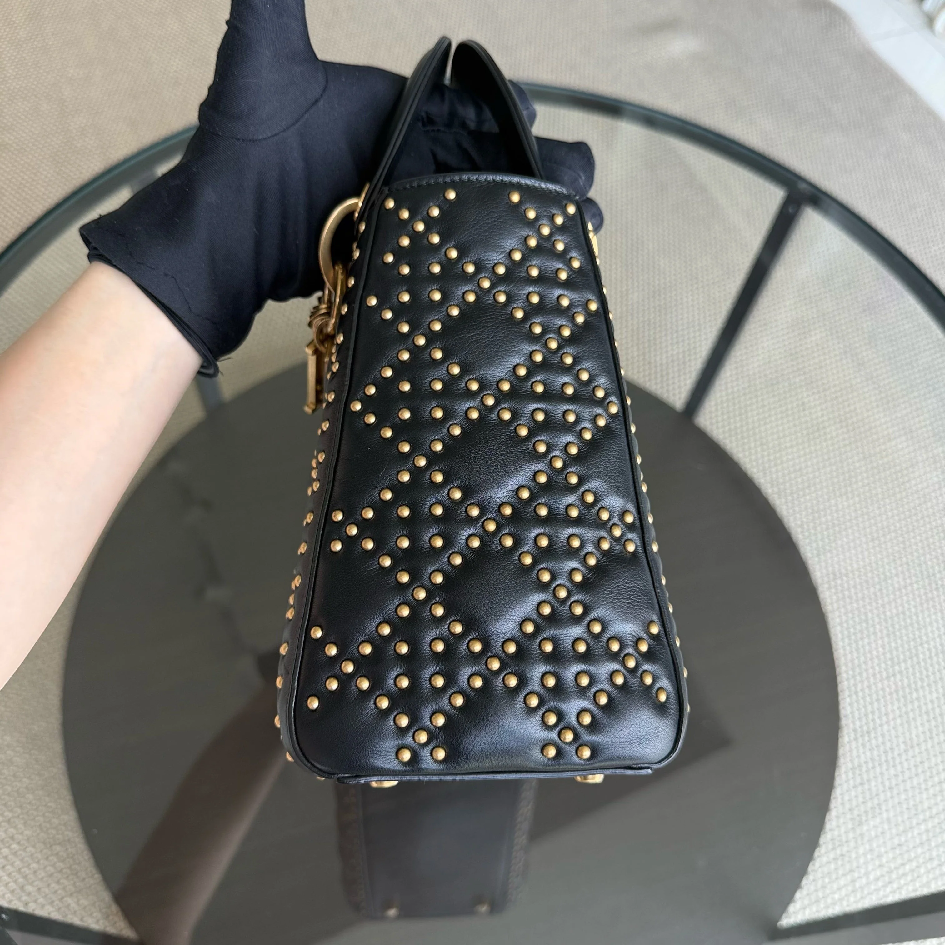 Dior Lady Medium Flap - Studded Cannage Calfskin Black Gold Hardware