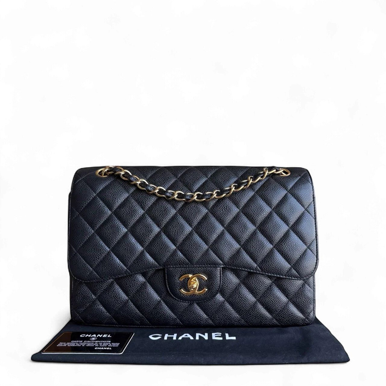 Chanel Classic Flap Jumbo - Caviar 30CM Double Flap Quilted Grained Calfskin Black Gold Hardware Series 16