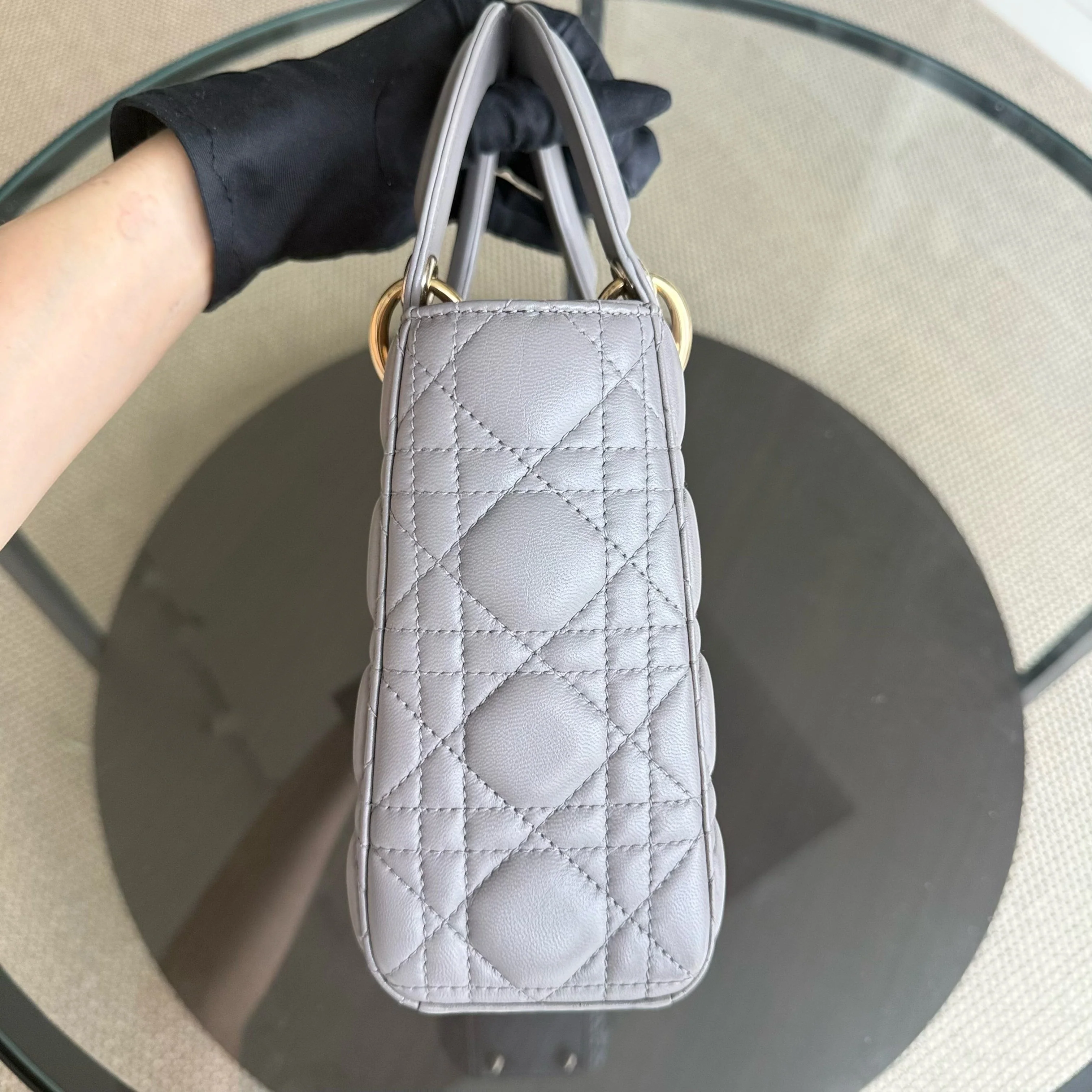 Dior Lady Small - Cannage Lambskin Grey Gray Gold Hardware