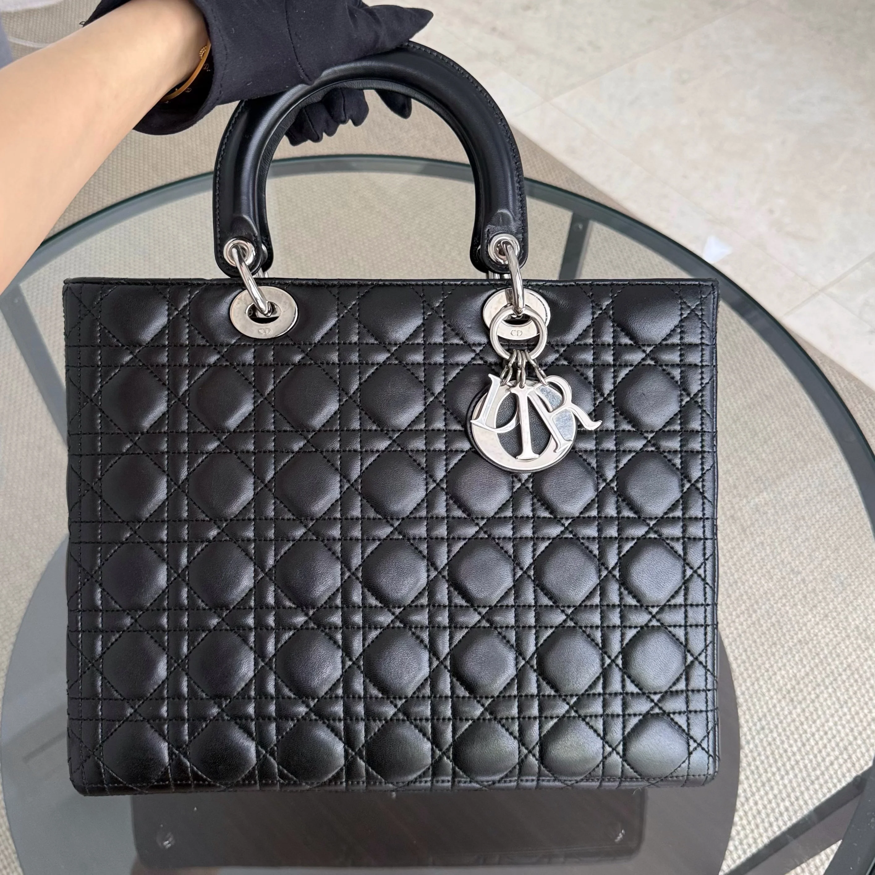 DIor Lady Large - Cannage Lambskin Black Silver Hardware NO STRAP