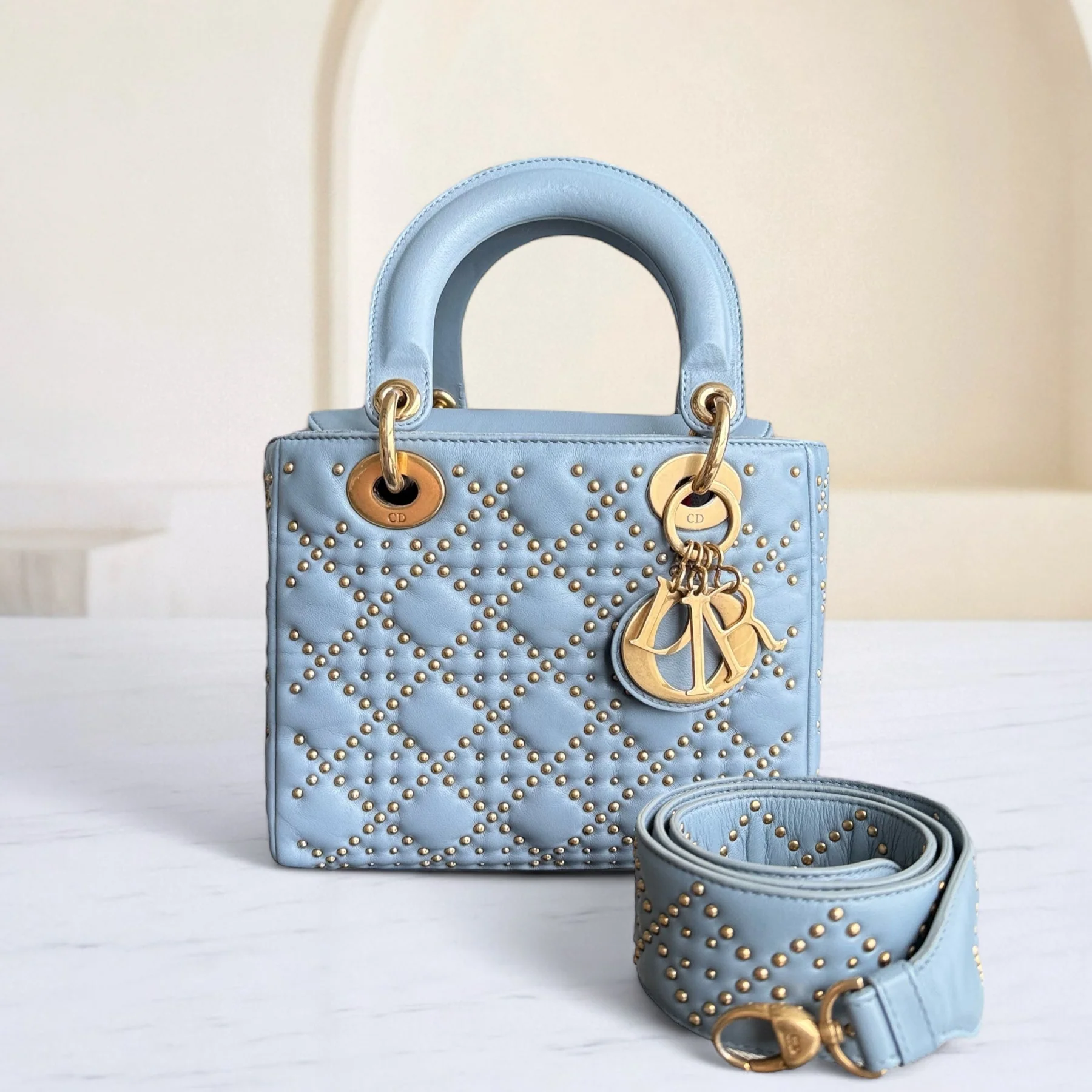 Dior Lady Small Flap - Cannage Calfskin Studded Blue Gold Hardware