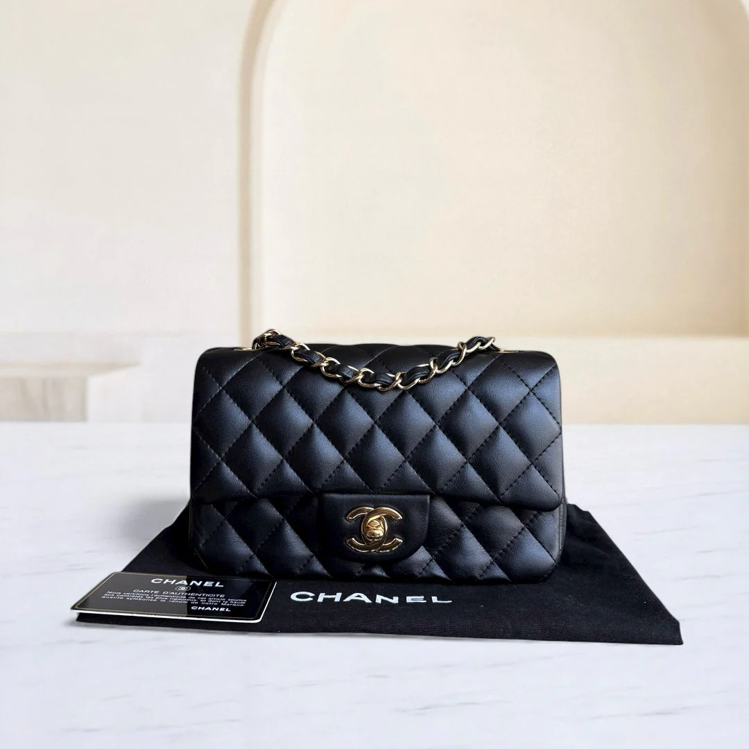 Chanel Lambskin Mini Rectangle Classic Flap - 20CM Quilted Black Golden Hardware Series 21