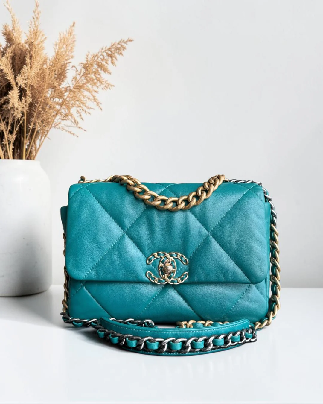 Chanel 19 Bag Small - Quilted Goatskin Green Blue Two-tone Hardware Series 30