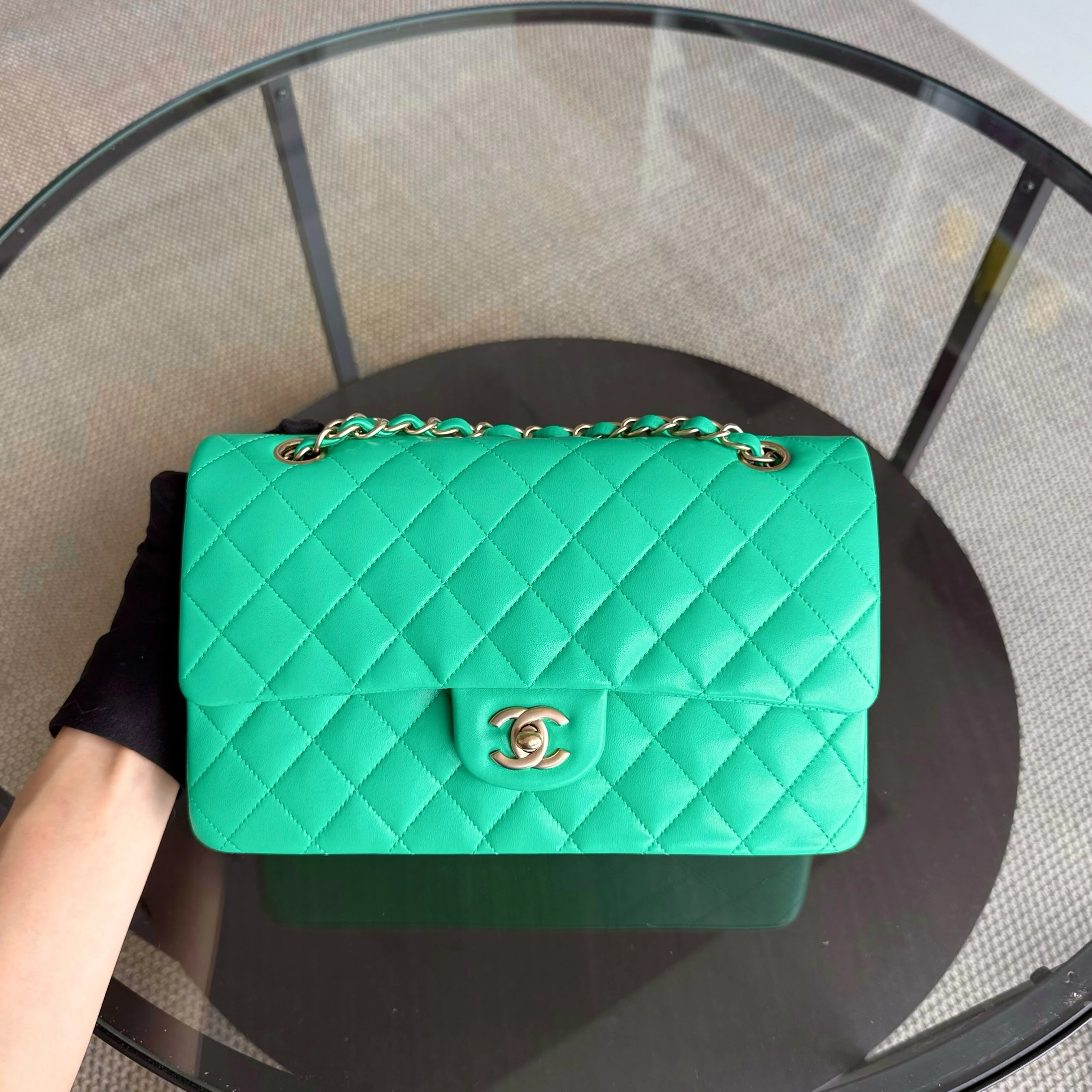 Chanel Classic Flap Medium - 25CM Quilted Lambskin Green Gold Hardware Series 18