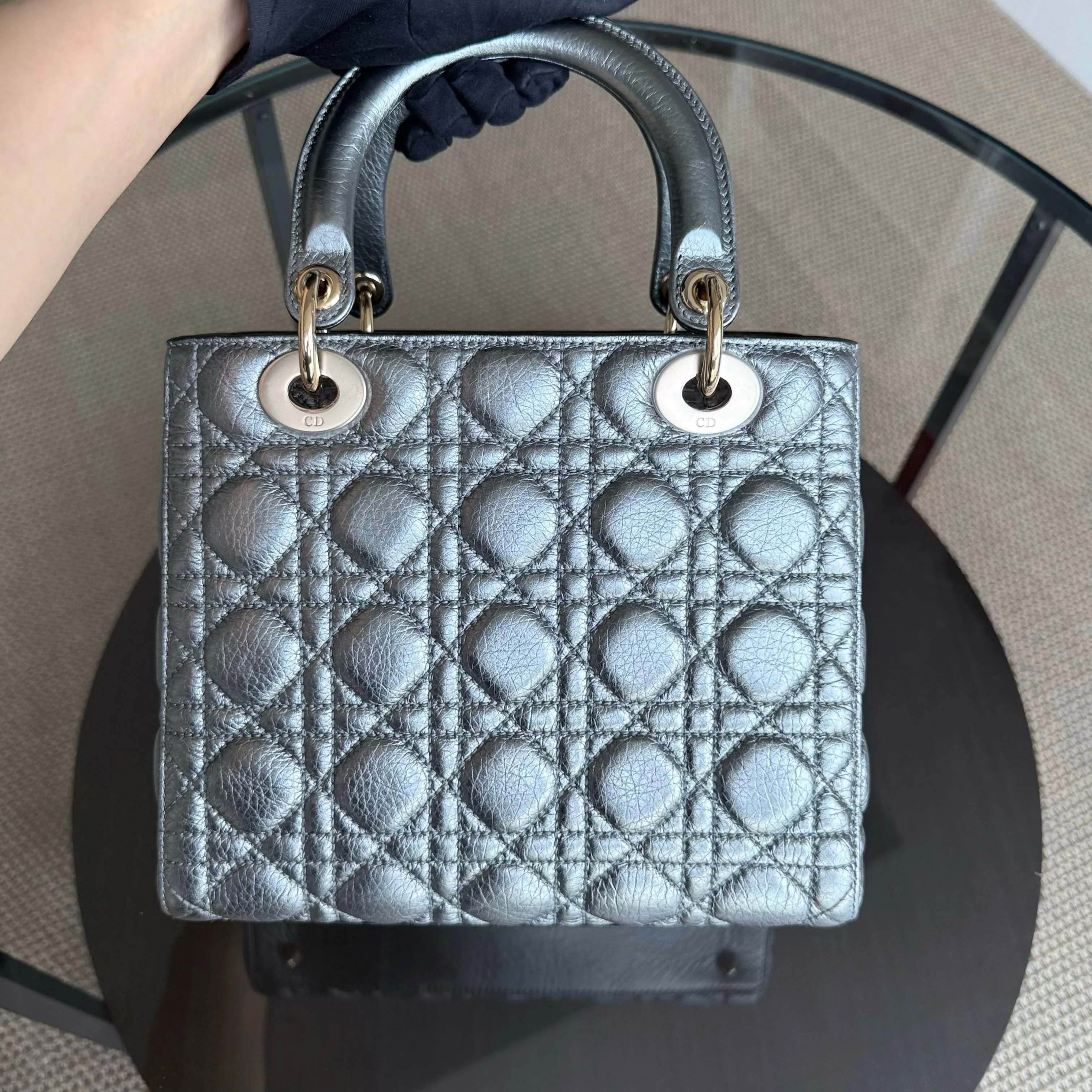 Dior Lady Medium Flap - Grained Calfskin Metallic Silver Gold Hardware Limited Edition