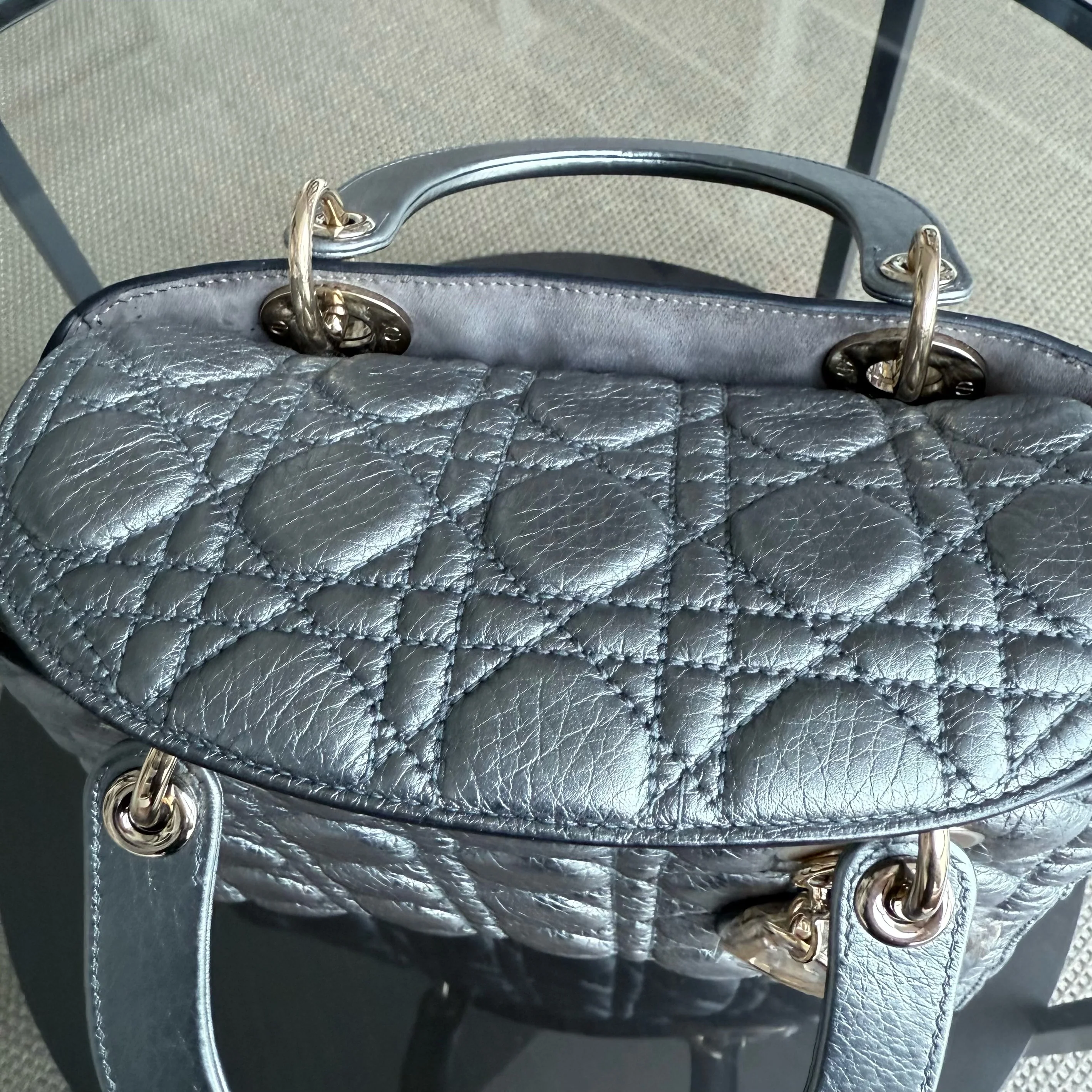 Dior Lady Medium Flap - Grained Calfskin Metallic Silver Gold Hardware Limited Edition