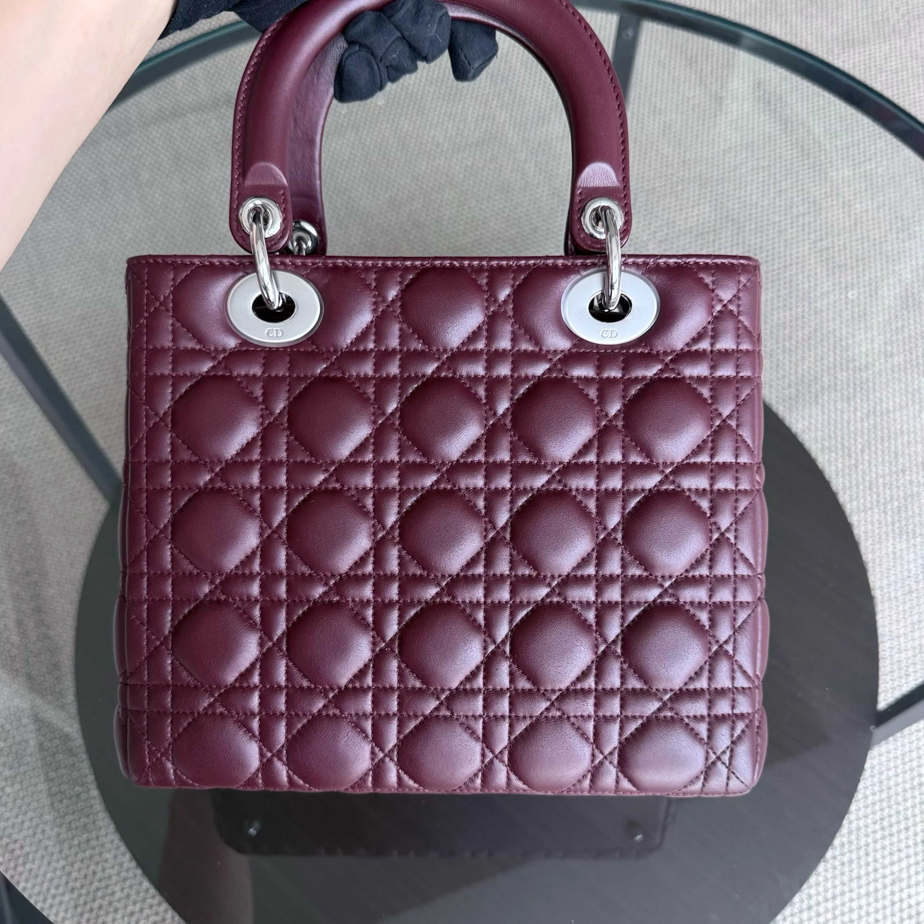 Dior Lady Medium - Cannage Lambskin Burgundy Silver Hardware