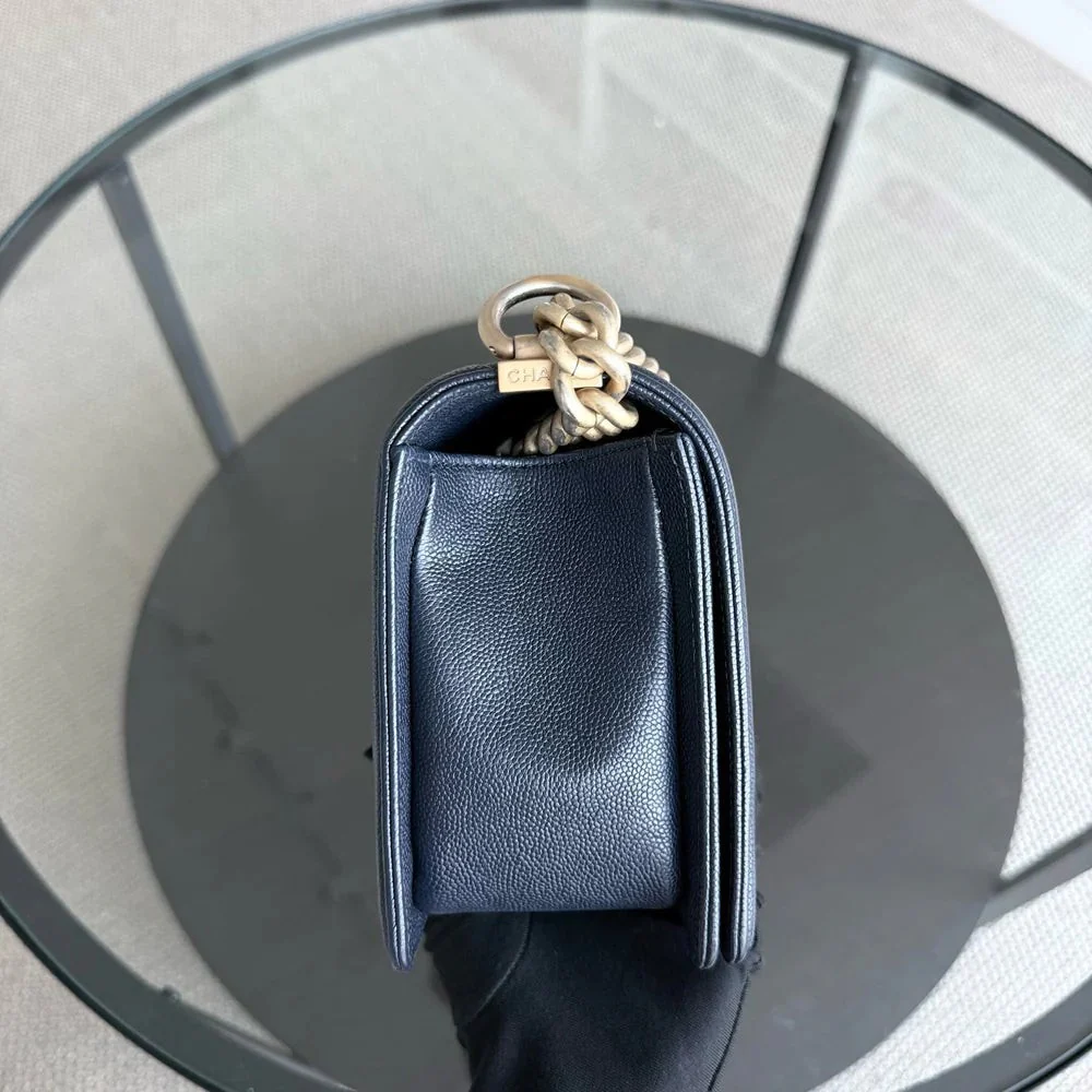 Chanel Boy Medium - Caviar 25CM Quilted Dark Blue Gold Hardware Series 25