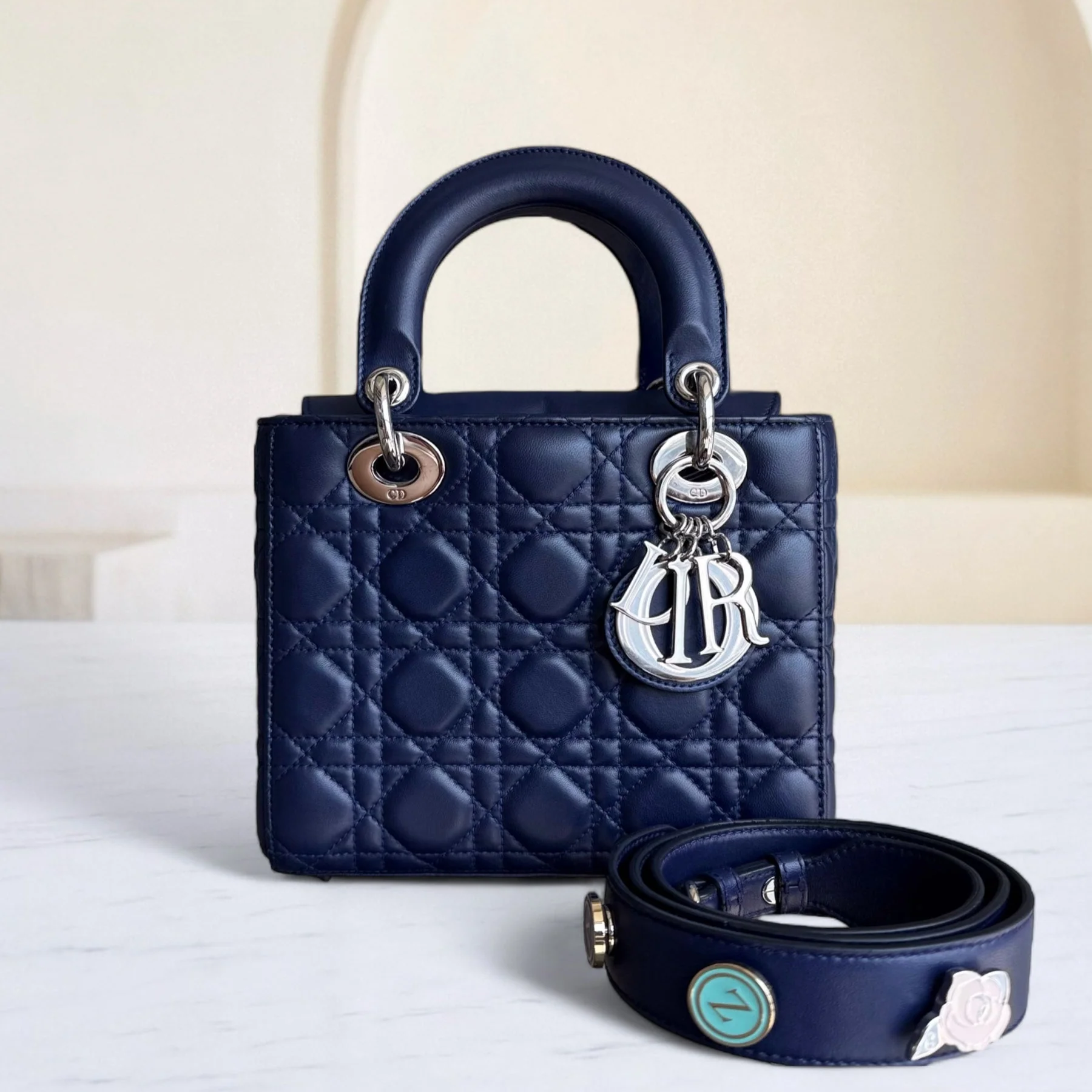 Dior Lady Small Flap - Cannage Lambskin Dark Blue Silver Hardware