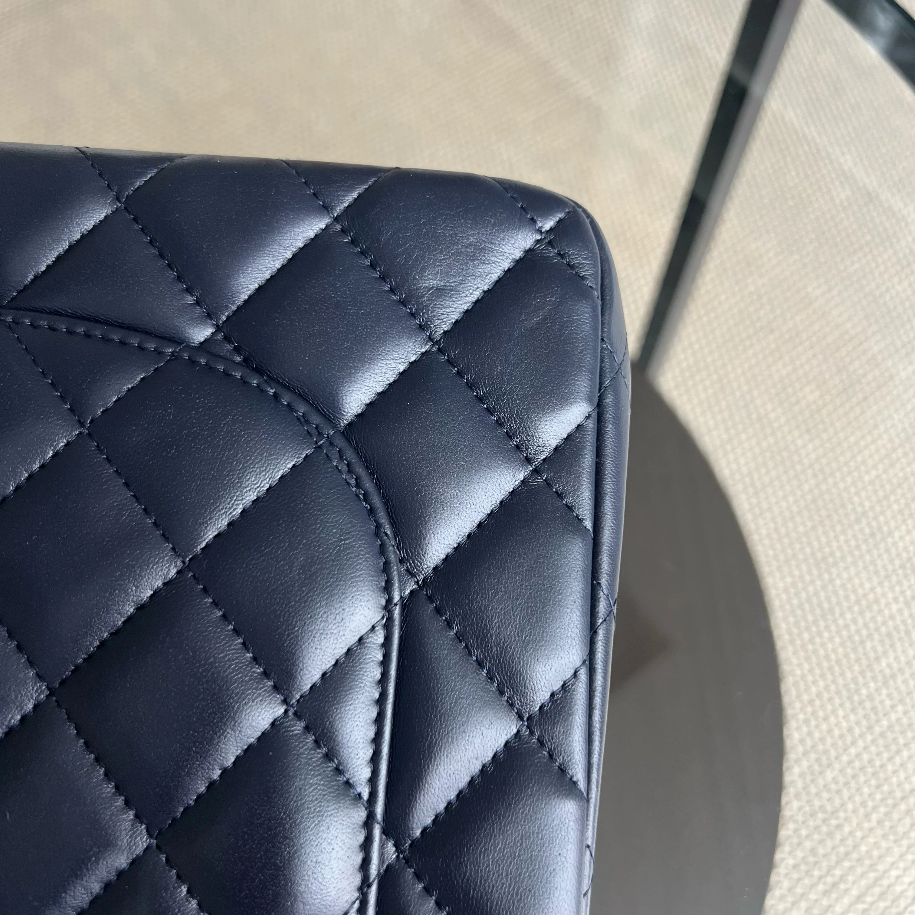 Chanel Classic Flap Jumbo - Double Flap Lambskin 30CM Quilted Dark Navy Blue Silver Hardware Series 23