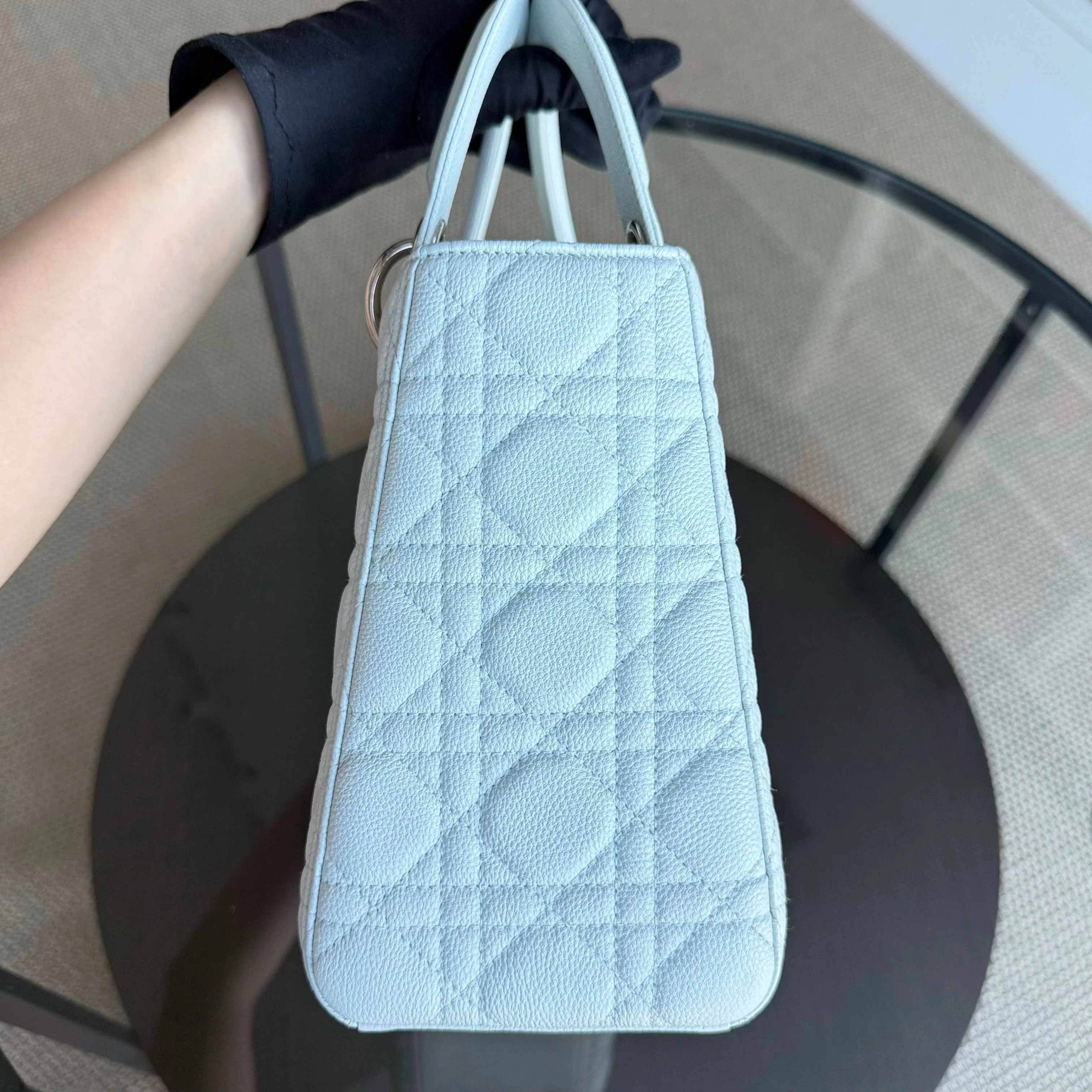 Dior Lady Medium Caviar - Grained Calfskin Cannage Glacier White Ice Blue Silver Hardware NO STRAP