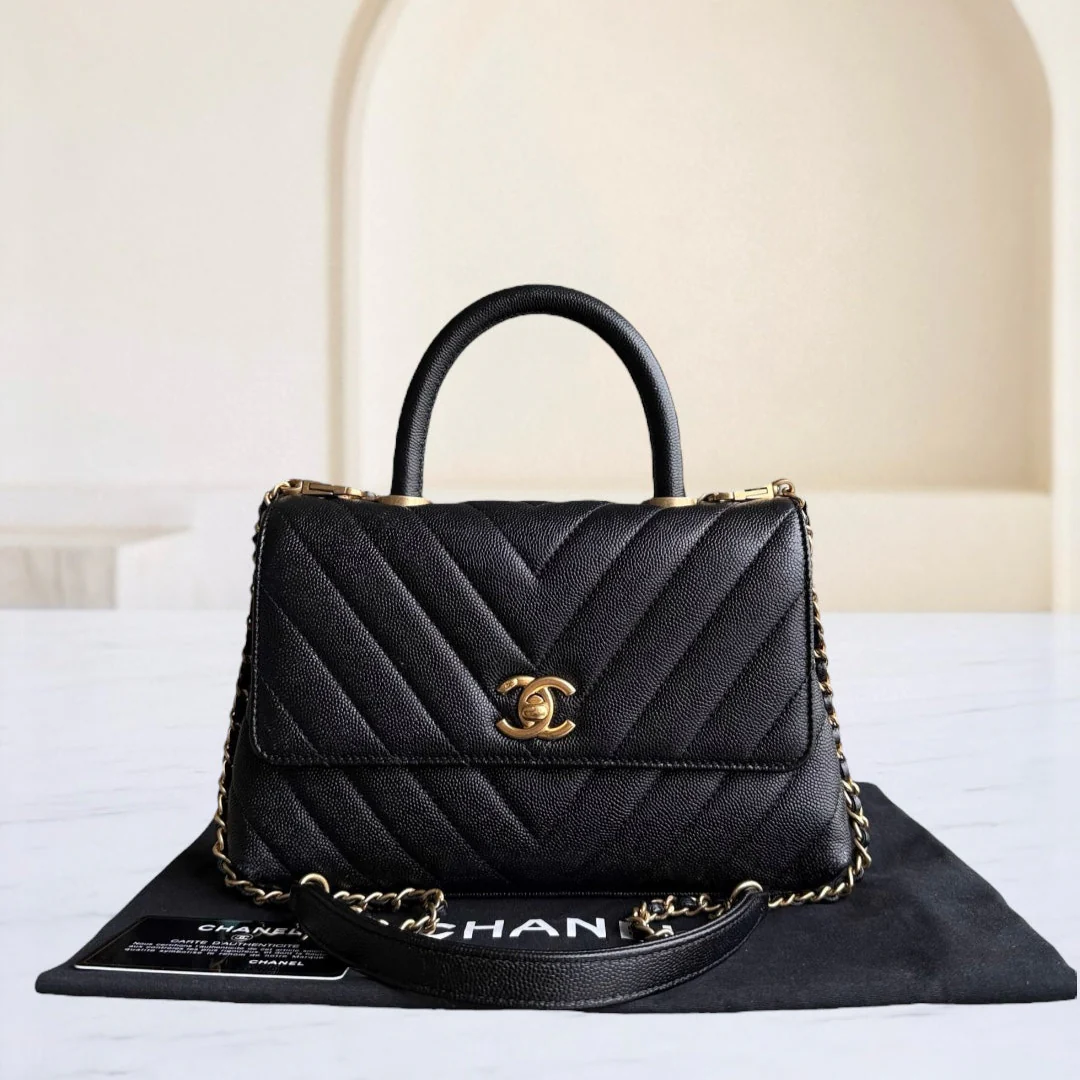 Chanel Coco Handle Small - Caviar Chevron Grained Calfskin Black Gold Hardware Series 26