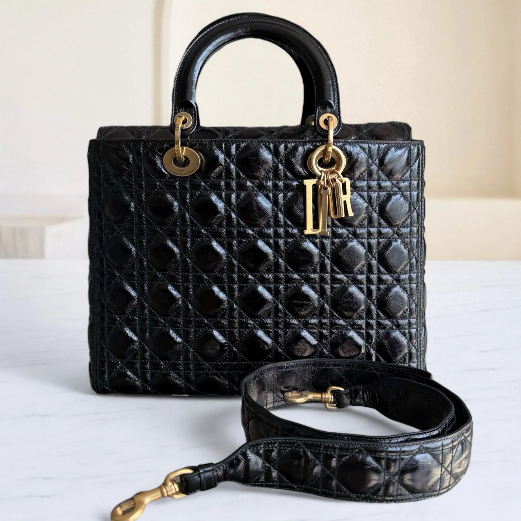 Dior Lady Large Flap - Canange Glazed Calfskin Black Gold Hardware