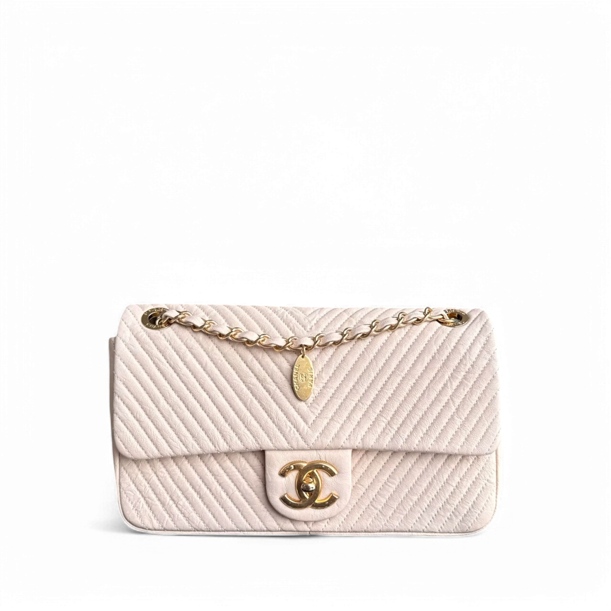 Chanel Surpique Seasonal Cruise Flap - Wrinkled Chevron Lambskin Quilted Medium Flap Beige Gold Hardware Series 18
