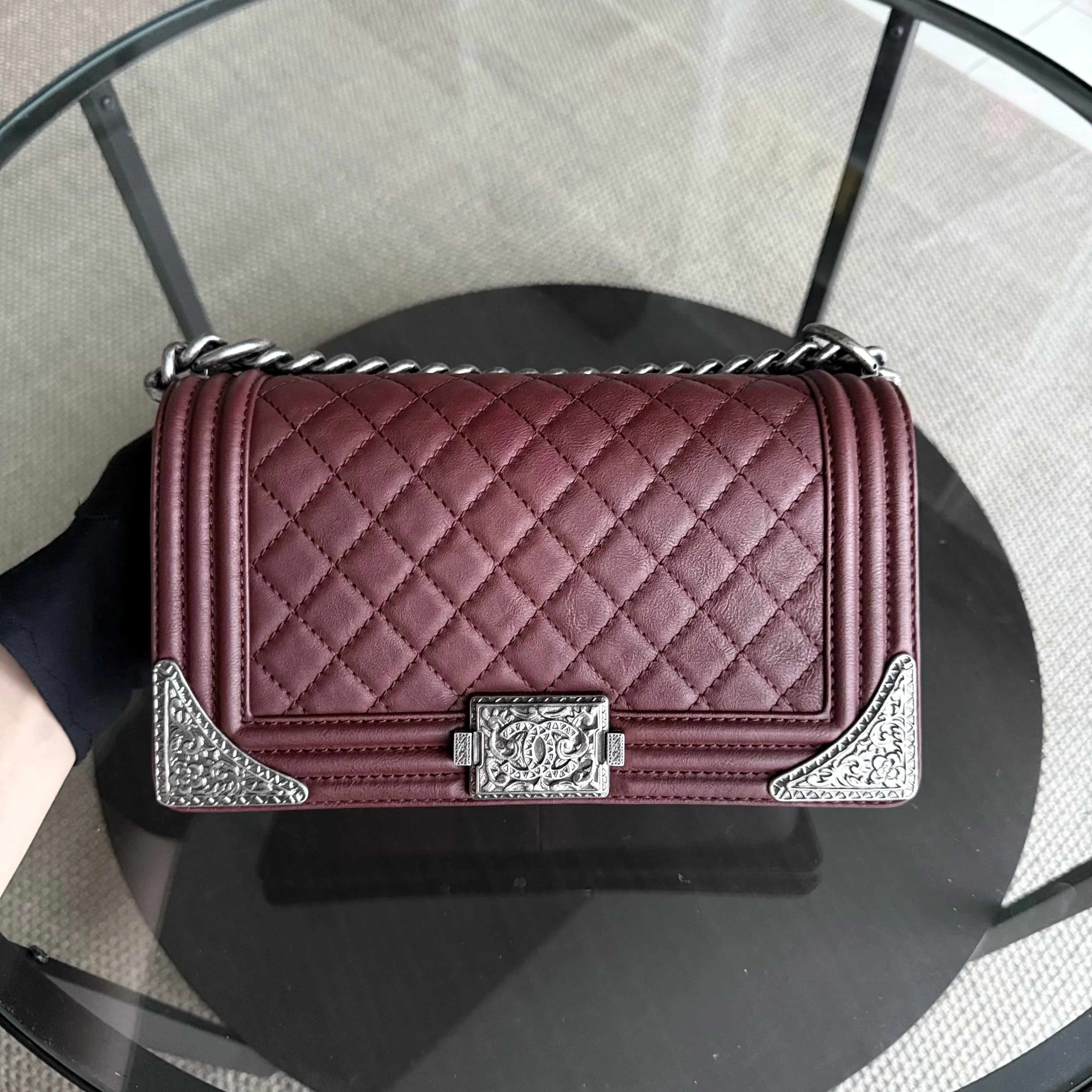 Chanel Boy Medium - 25CM Quilted Limited Edition Paris-Dallas Metal Edge Grained Calfskin Burgundy Silver Hardware Series 19