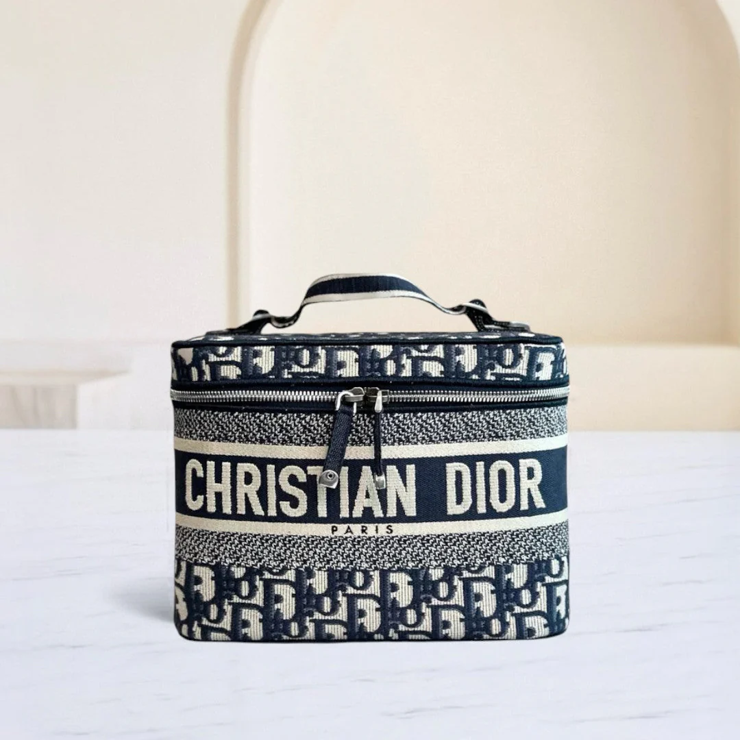 Dior Vanity Oblique Embroidery Top Handle Bag In Jacquard Blue SHW