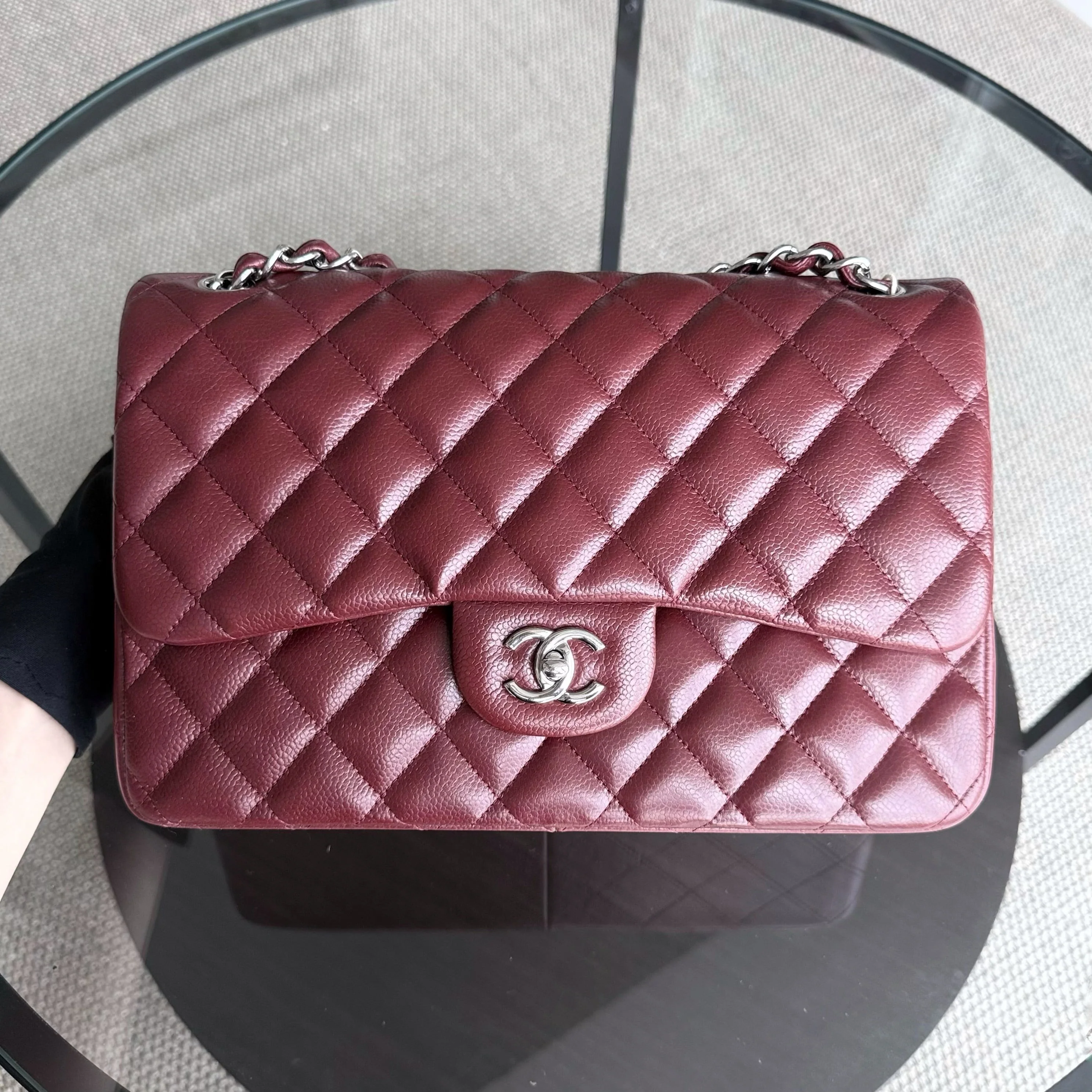 Chanel Classic Flap Jumbo - Caviar 30CM Double Flap Quilted Burgundy Silver Hardware
