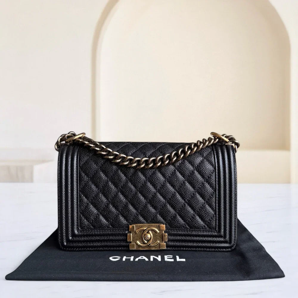 Chanel Boy Medium - Caviar 25CM Quilted Grained Calfskin Black Gold Hardware Series 19