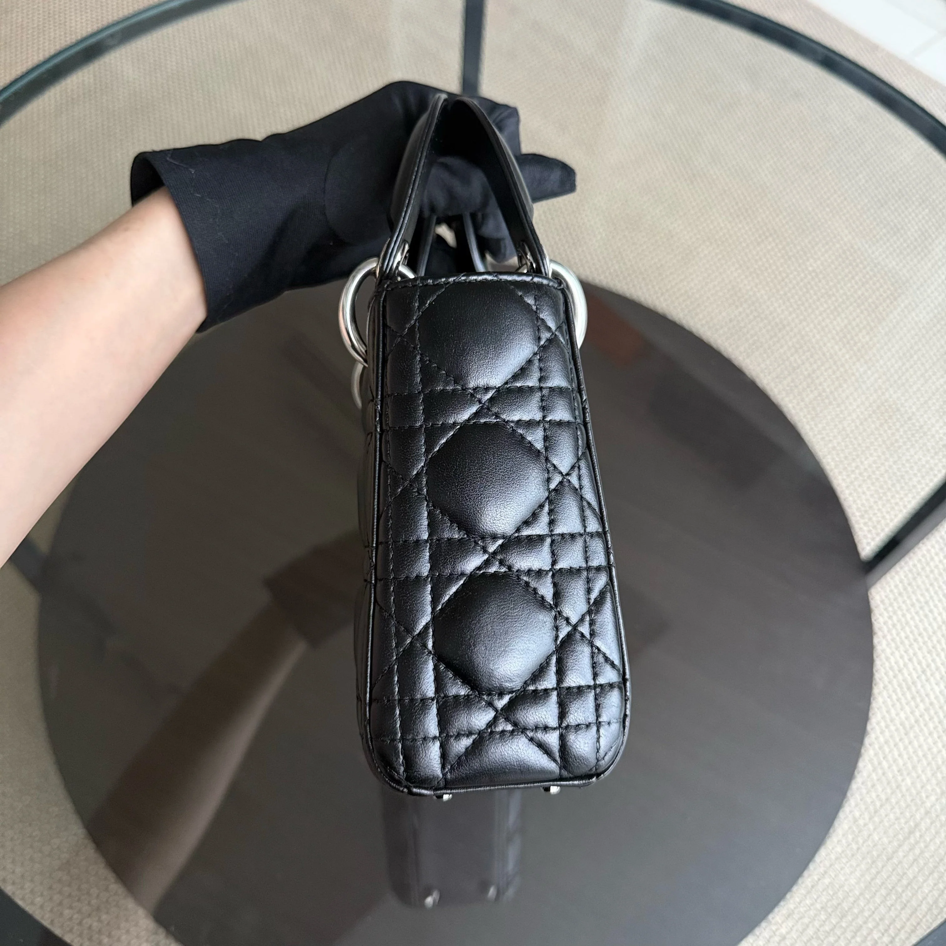 Dior Lady Mini - Cannage Lambskin Black Silver Hardware Adjustable Strap