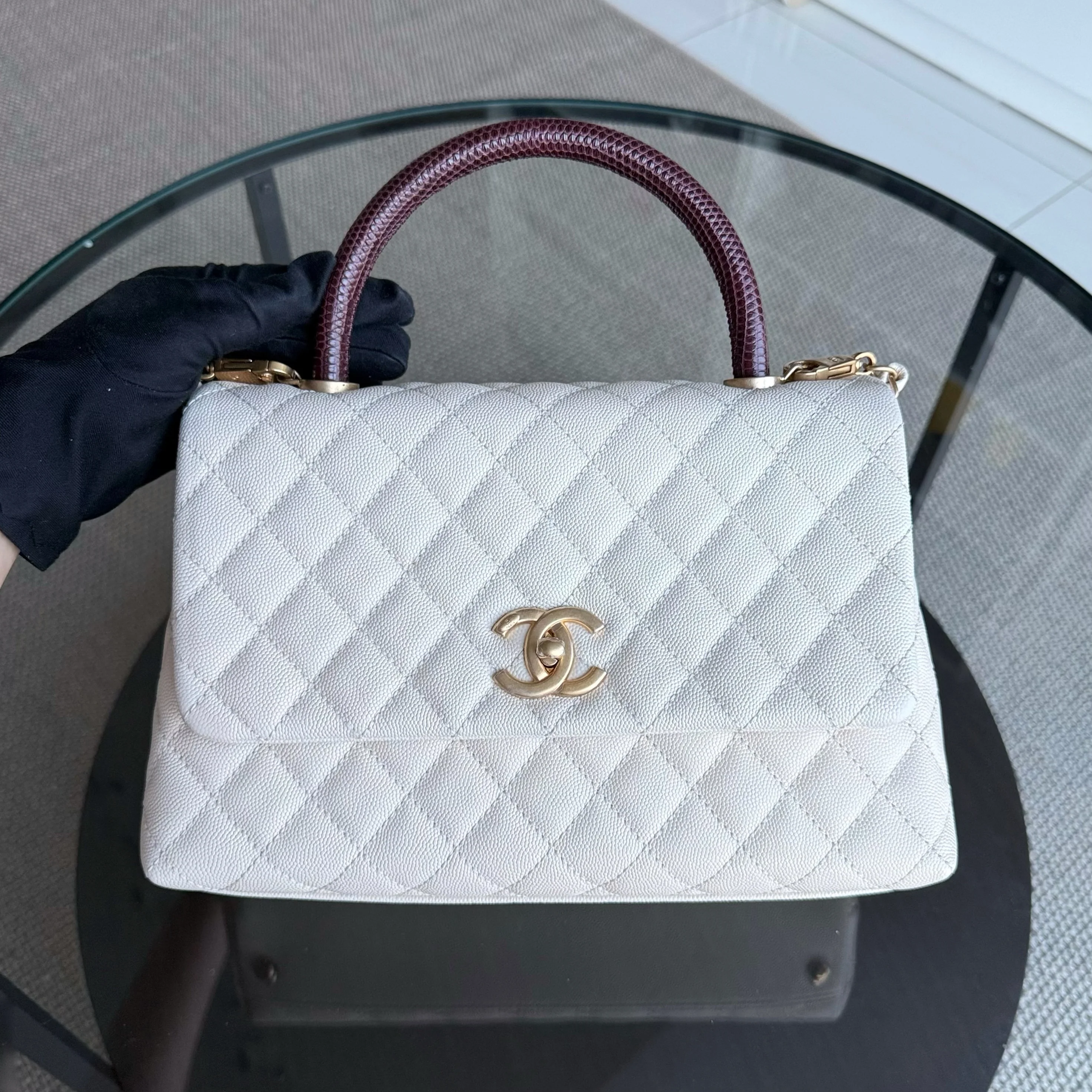 Chanel Coco Handle Medium - Caviar Quilted Lizard Handle White Gold Hardward 24