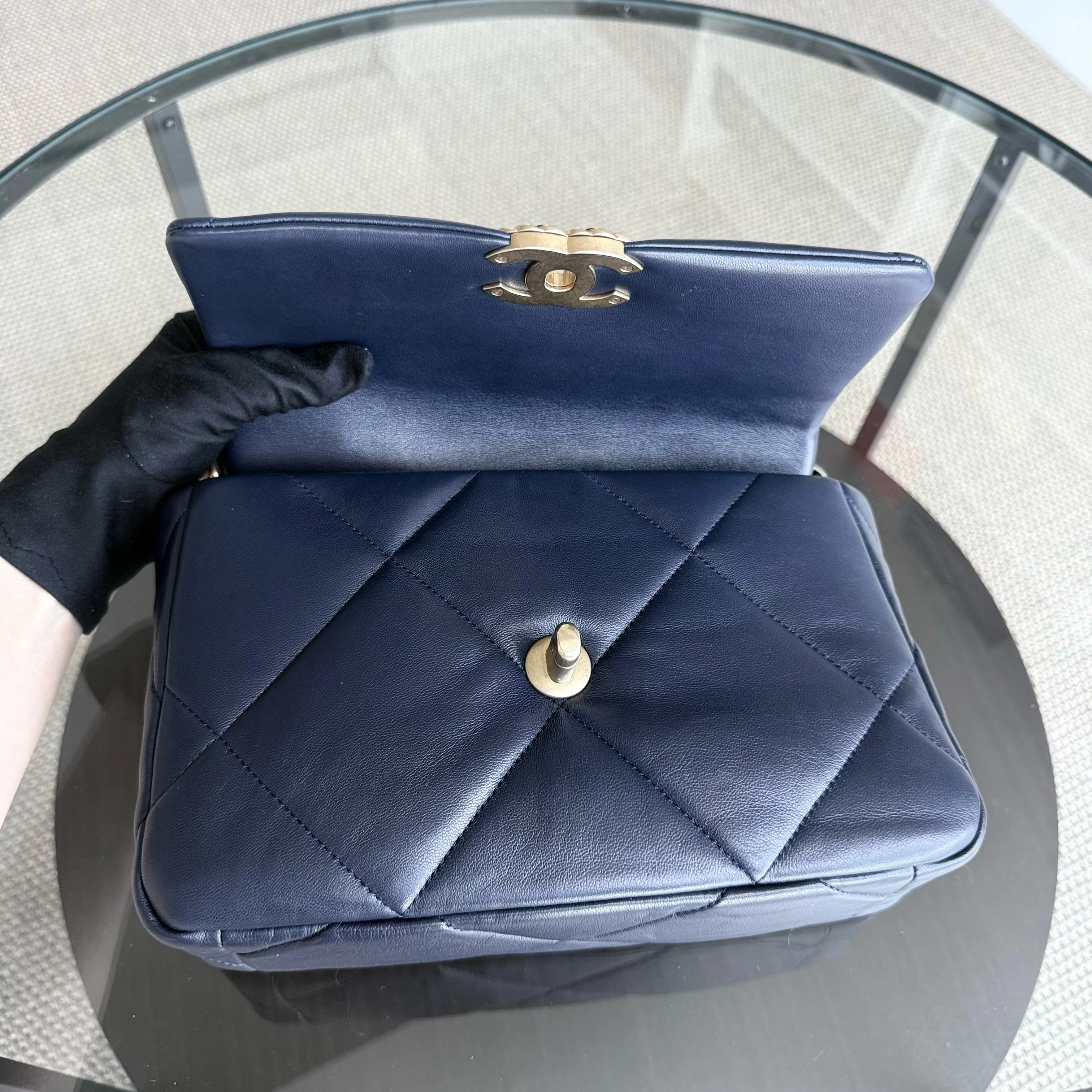 Chanel 19 Bag Small - C19 Quilted Goatskin Dark Navy Blue Two-tone Hardware Series 31