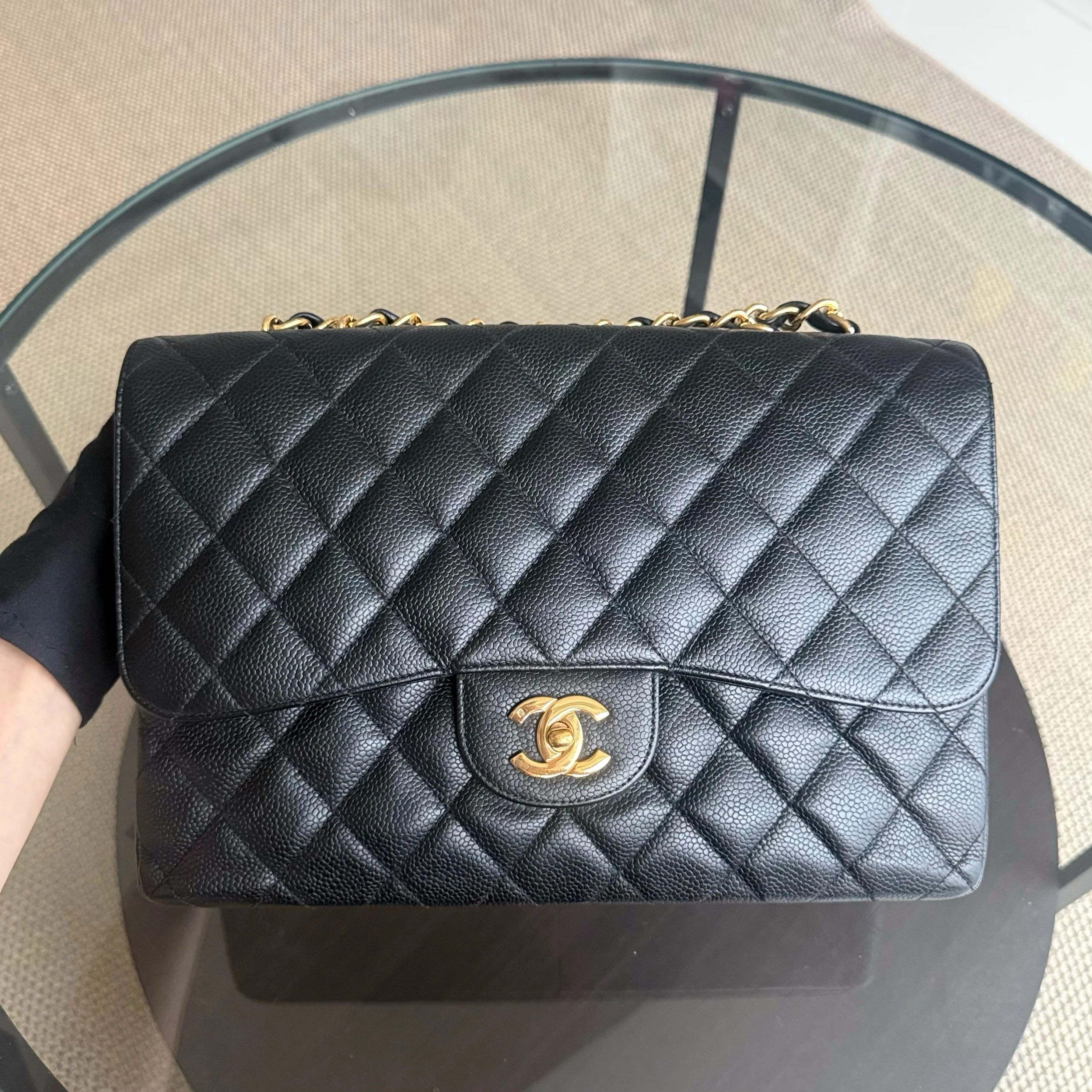 Chanel Classic Flap Jumbo - Caviar 30CM Single Flap Quilted Black 24K Gold Hardware Series 12