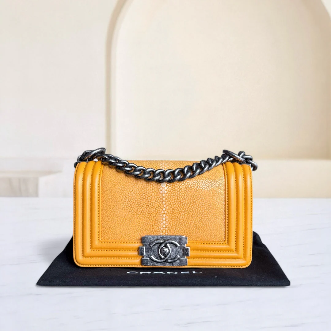 Chanel Boy Small - Small Stingray Yellow Mustard Ruthenium Silver Hardware Series 21