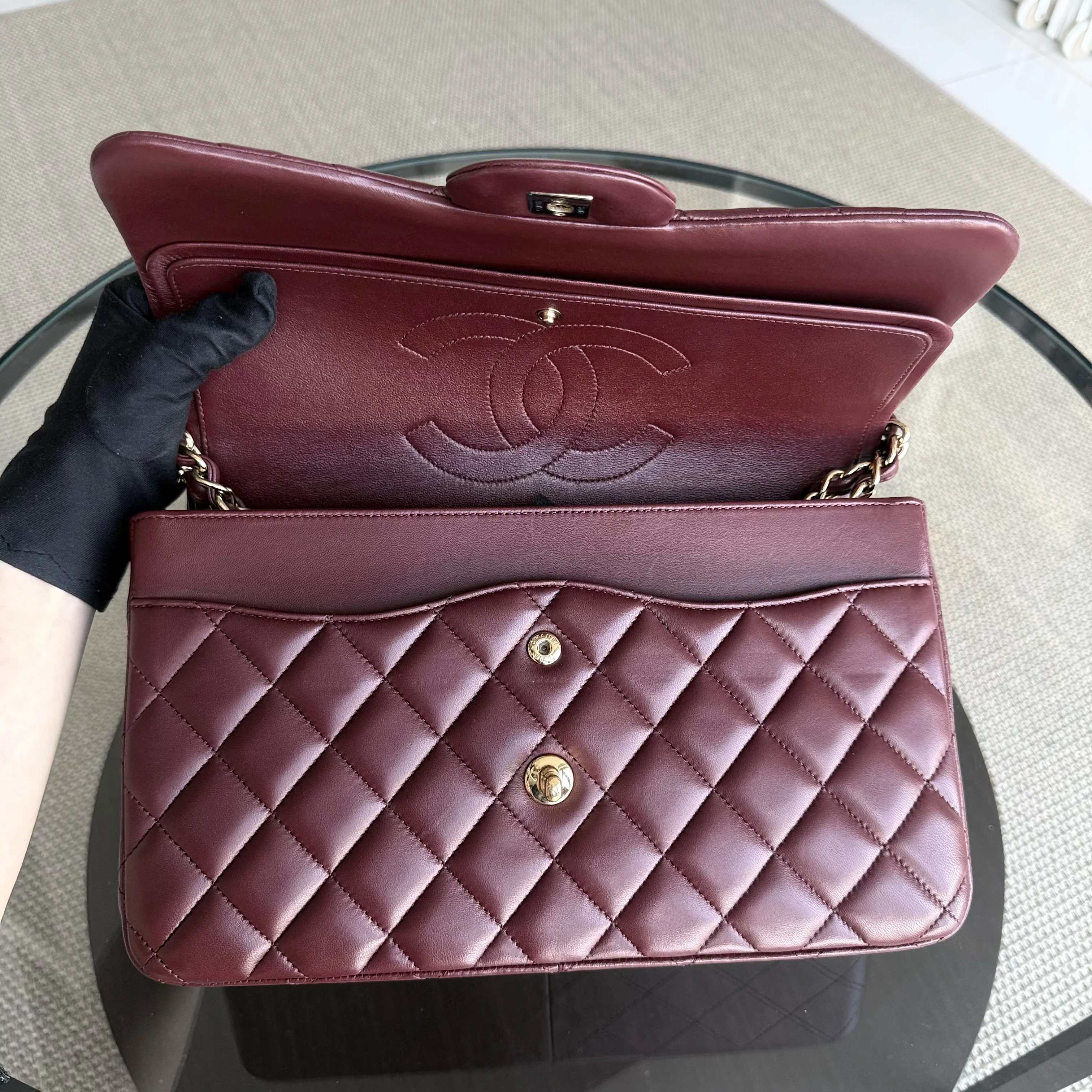 Chanel Classic Flap Jumbo - Double Flap 30CM Quilted Lambskin Burgundy Dark Red Gold Hardware Series 21