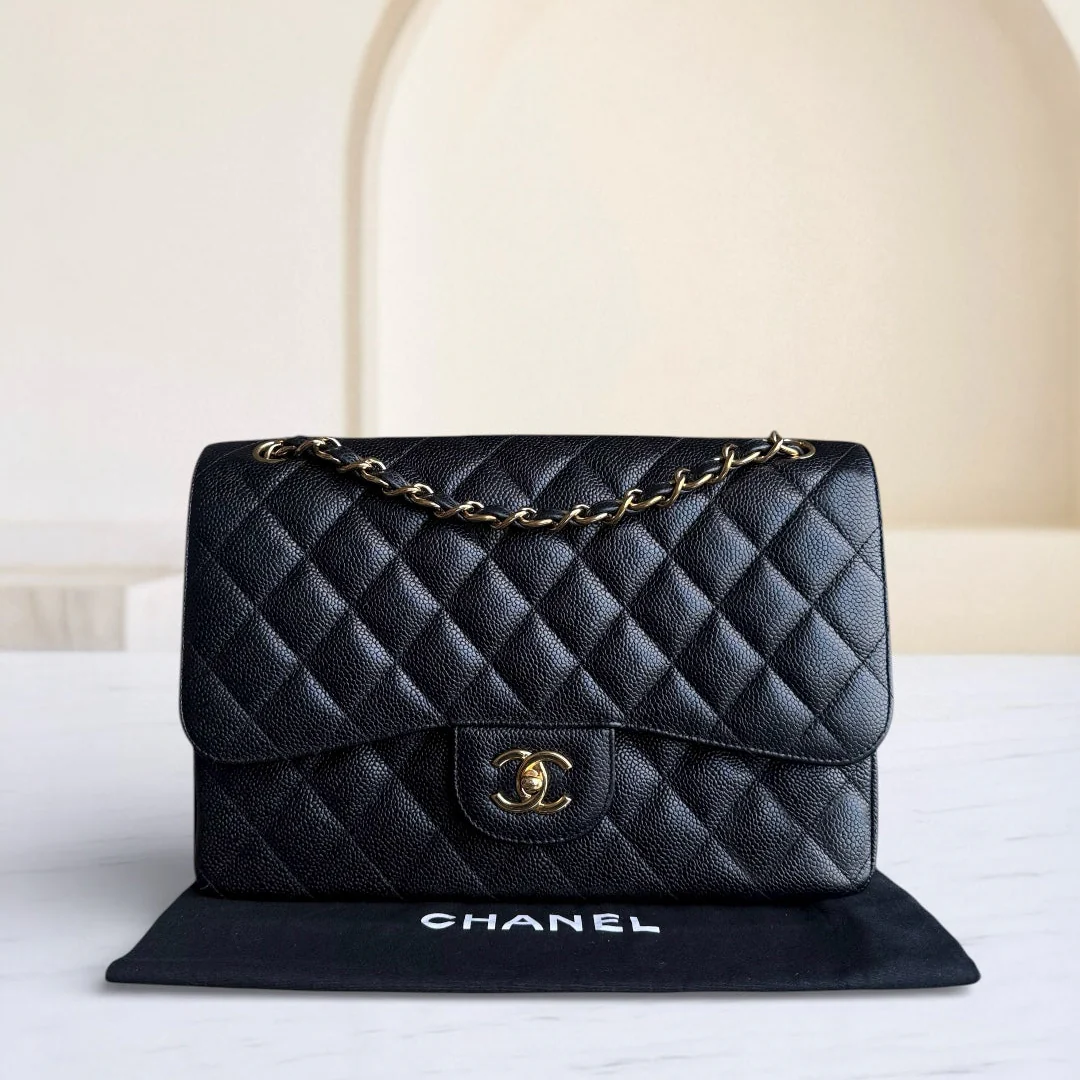 Chanel Classic Flap Jumbo - Caviar 30CM Double Flap Quilted Grained Calfskin Black Gold Hardware