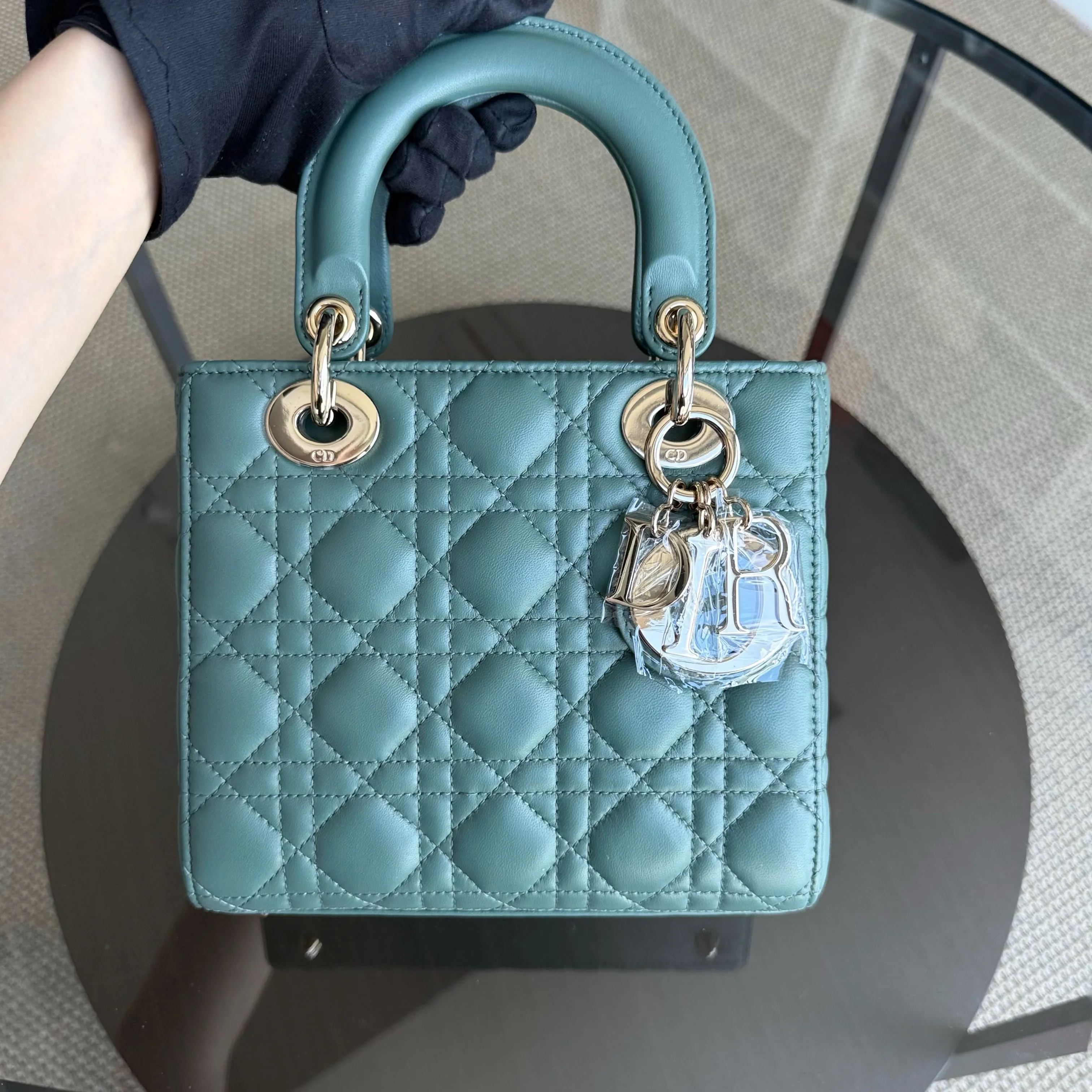 Dior Lady Small Flap - Cannage Lambskin Green Gold Hardware with Charms