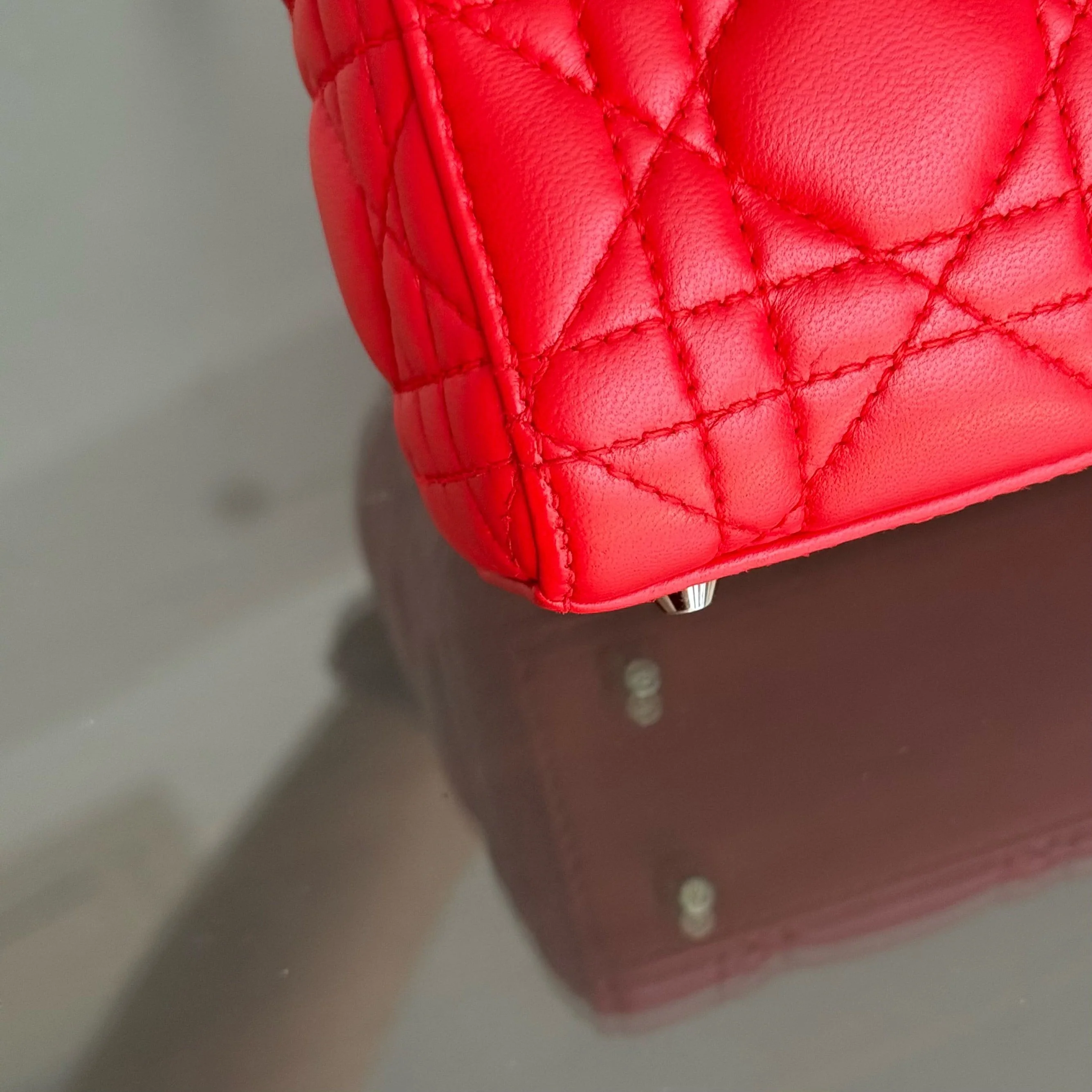 Dior Lady Mini - Cannage Lambskin Red Silver Hardware Adjustable Strap