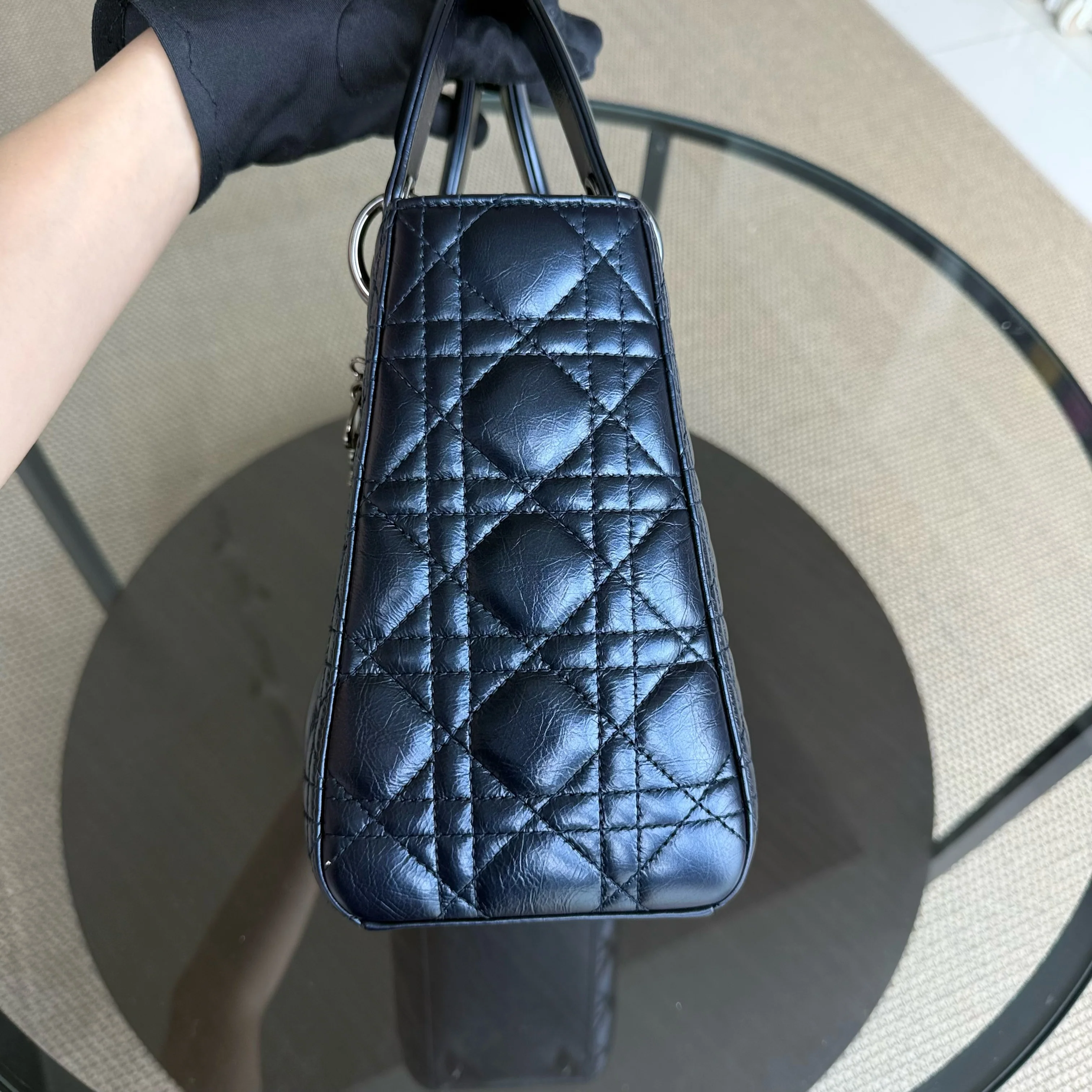 Dior Lady Medium Cannage Glazed Calfskin Dark Blue Silver Hardware