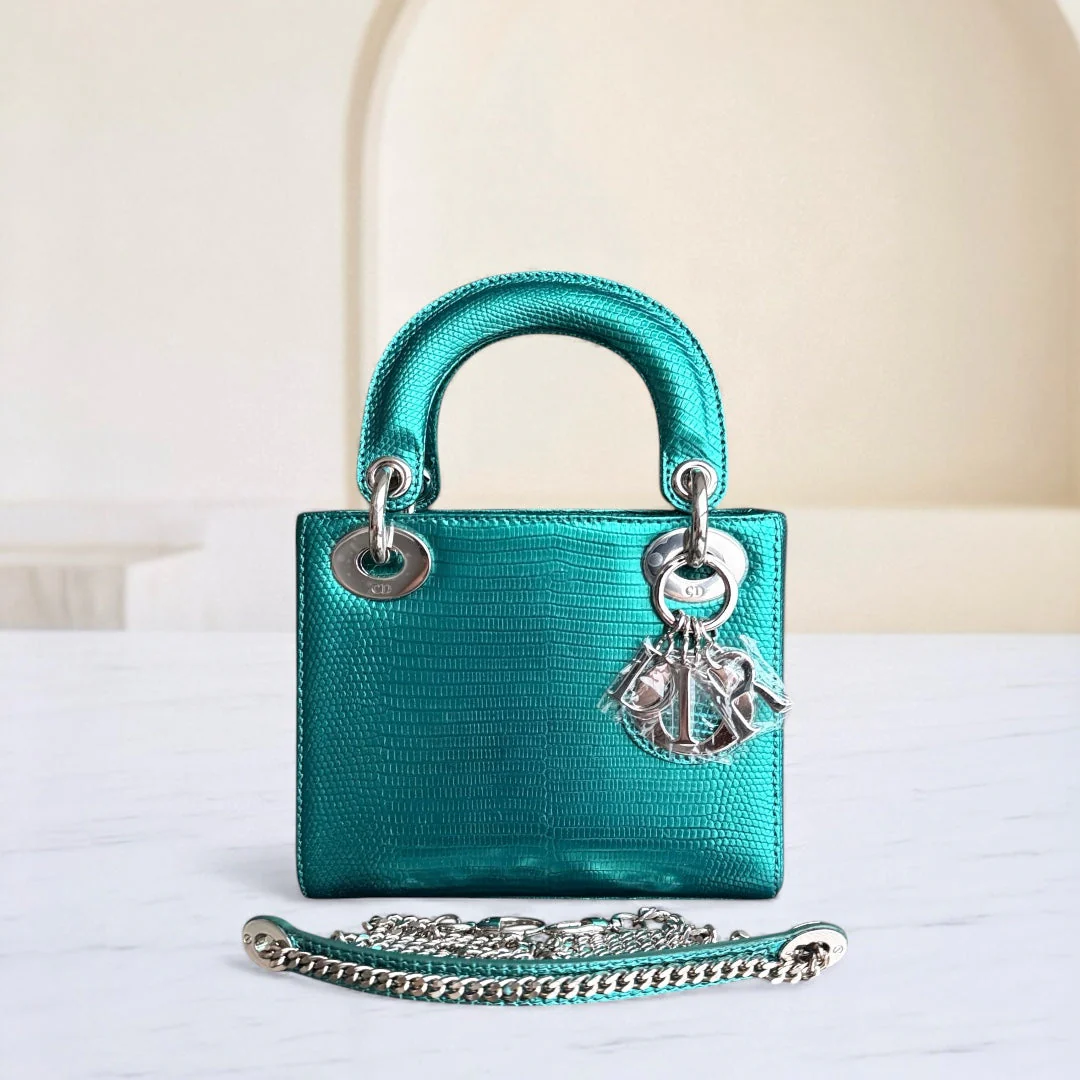 Dior Lady Mini - Exotic Lizard Green color Silver Hardware