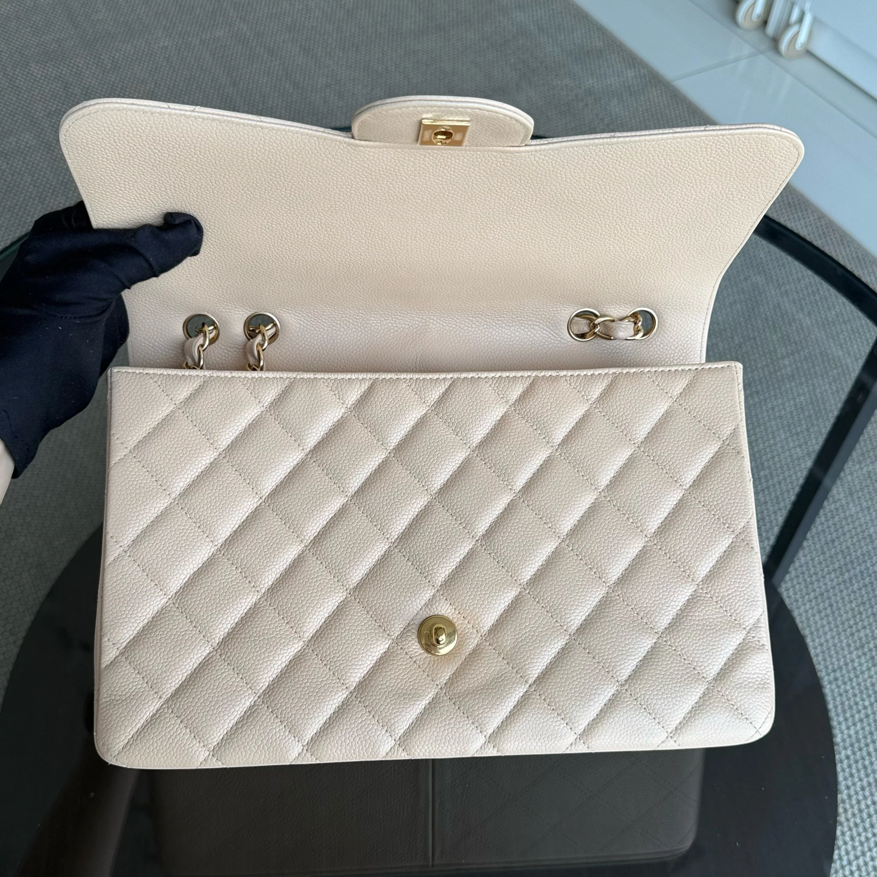 Chanel Classic Flap Jumbo - Caviar 30CM Single Flap Quilted Beige 24K Gold Hardware Series 12