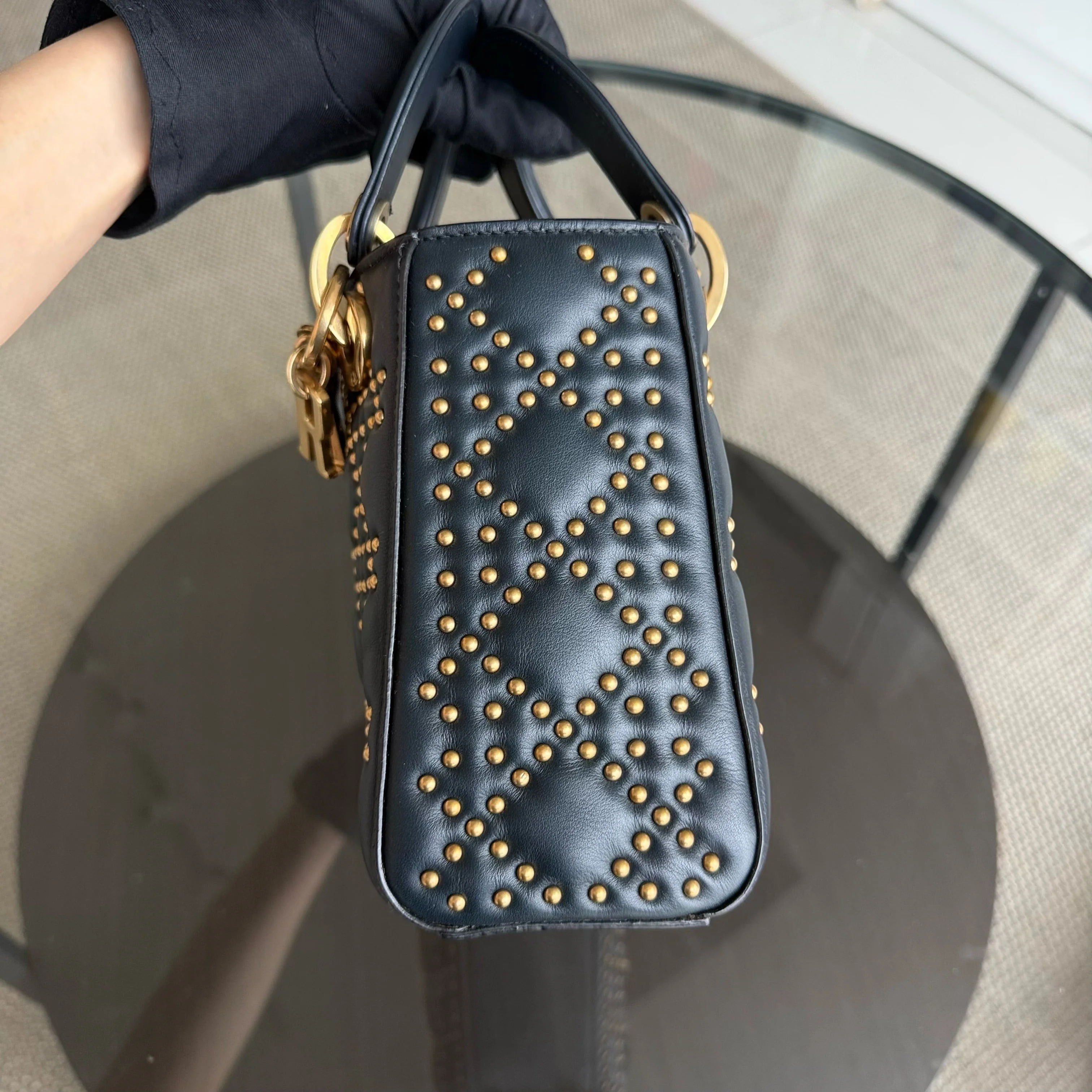 Dior Lady Small Flap - Cannage Calfskin Studded Black Gold Hardware