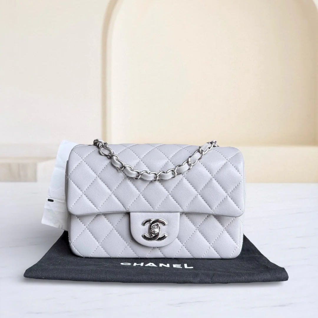 Chanel Lambskin Mini Rectangle Classic Flap - 20CM Quilted Gray Silver Hardware Microchip