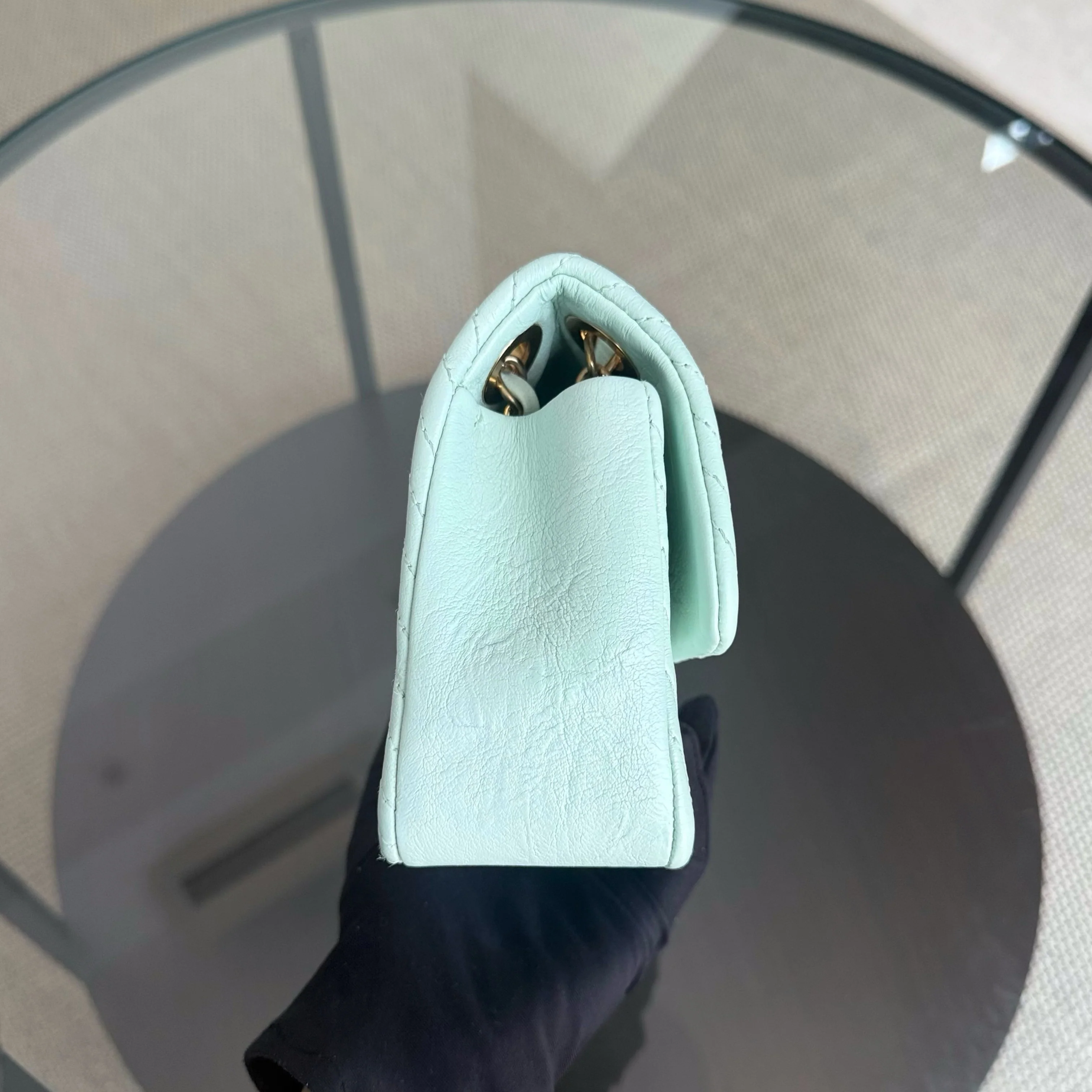 Chanel Seasonal Flap Small - 23CM Surpique CC Herringbone Medallion Flap Chevron Mint Green Gold Hardware Series 20