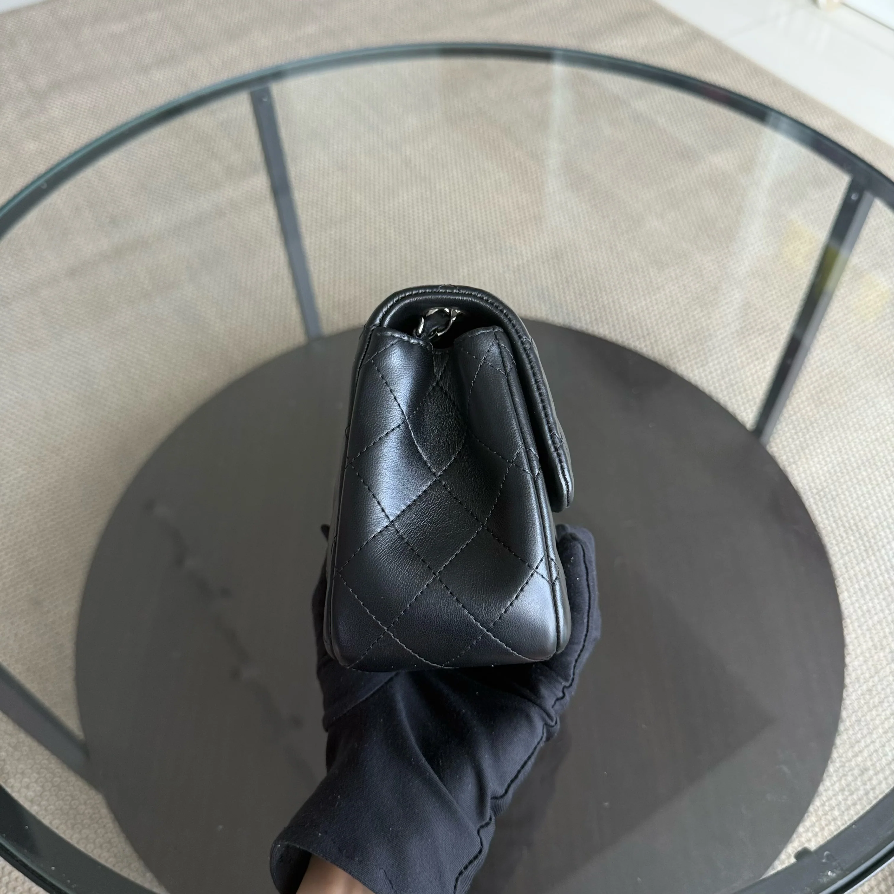 Chanel Classic Flap Mini Square - 17CM Quilted Lambskin Black Silver Hardware Series 19