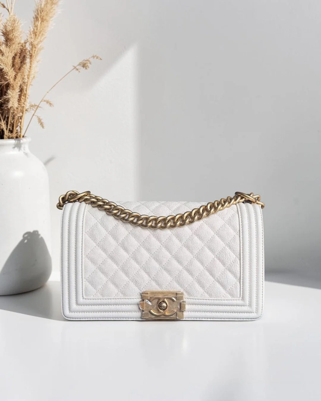Chanel Boy Medium - Caviar 25CM Cream White Aged Gold Hardware Series 26