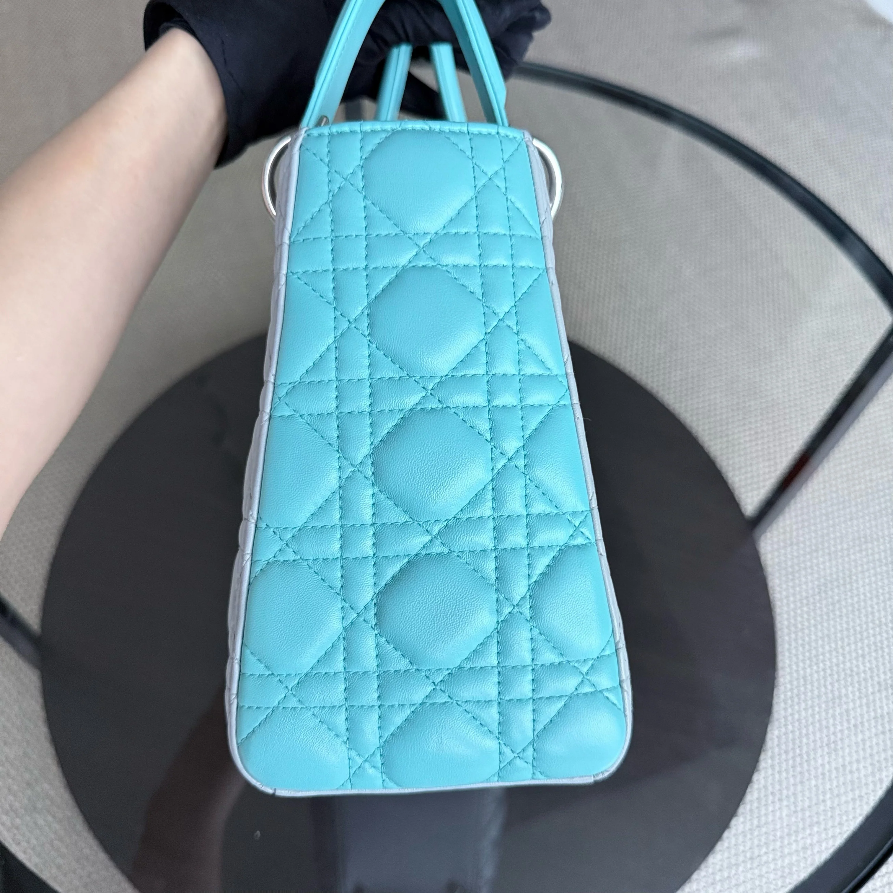 Dior Lady Medium - Cannage Lambskin Bi-Color Cyan Grey Gray Silver Hardware