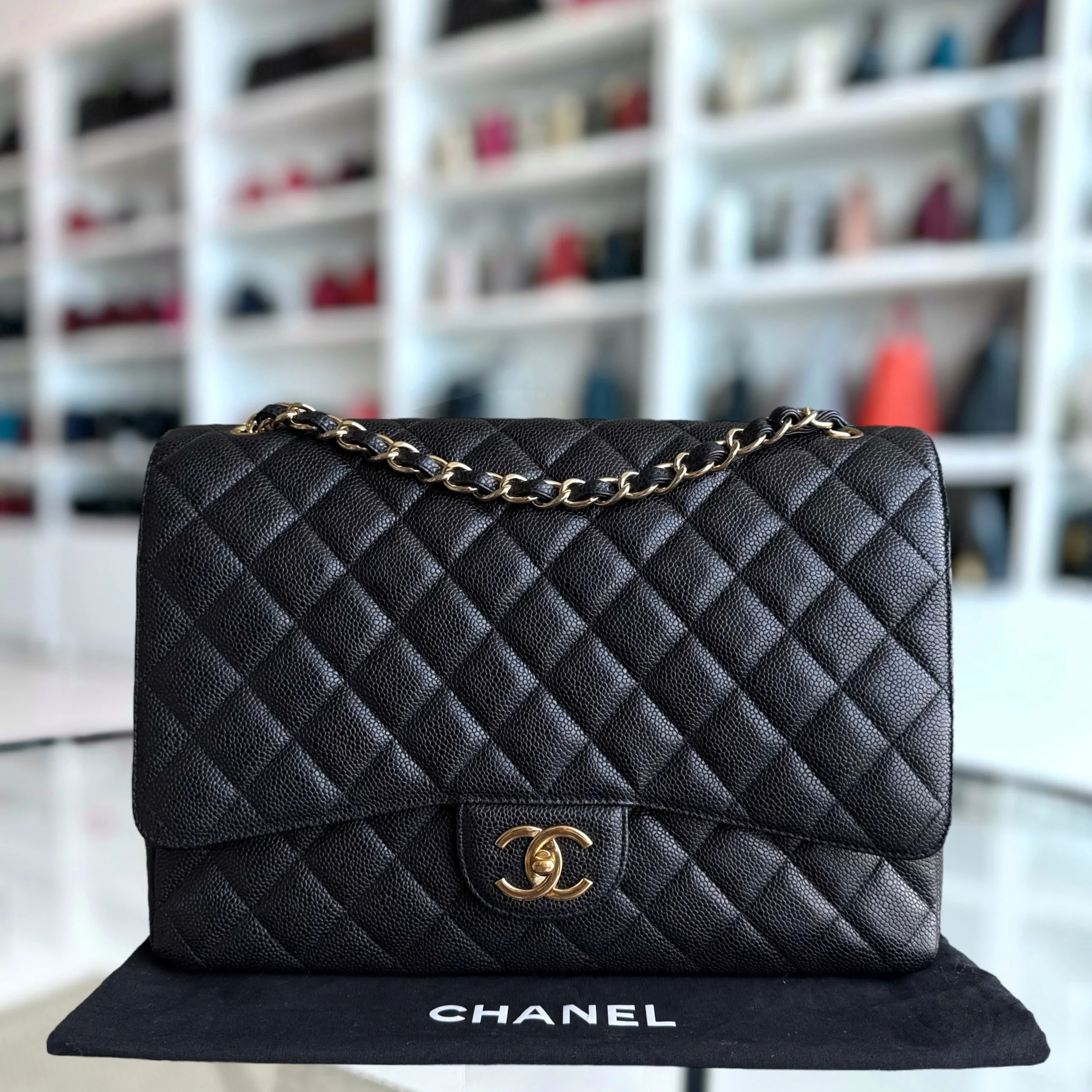 Chanel Classic Flap Maxi - Caviar Double Flap 33CM Quilted Black Gold Hardware Series 15