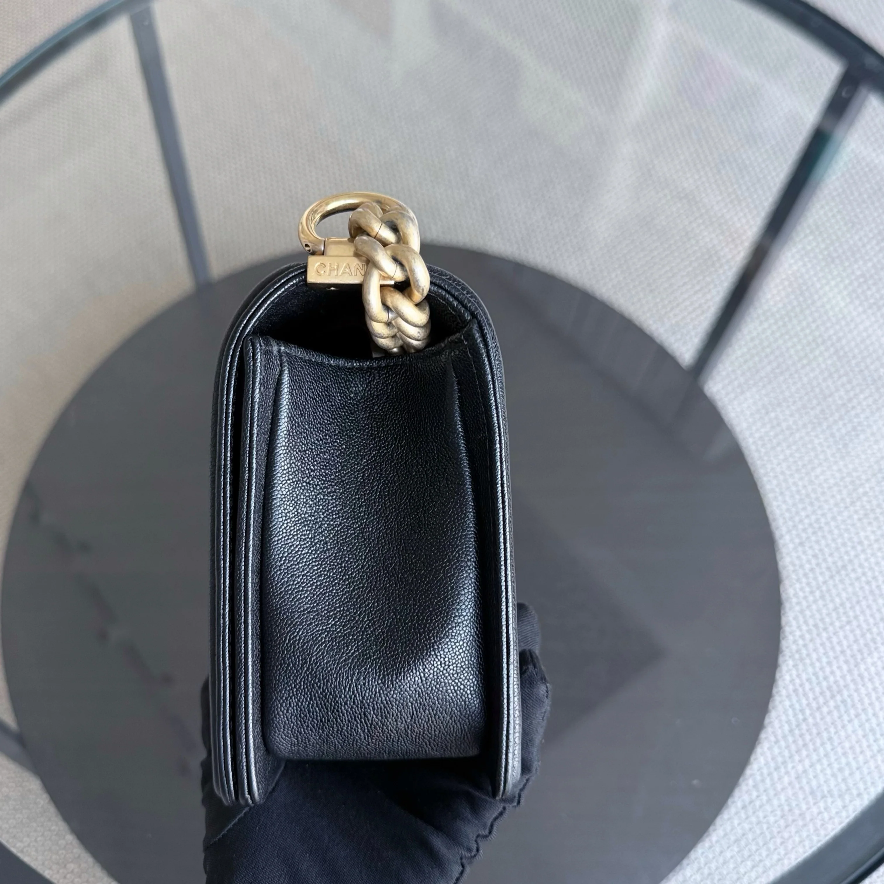 Chanel Boy Medium - Caviar 25CM Chevron Black Gold Hardware