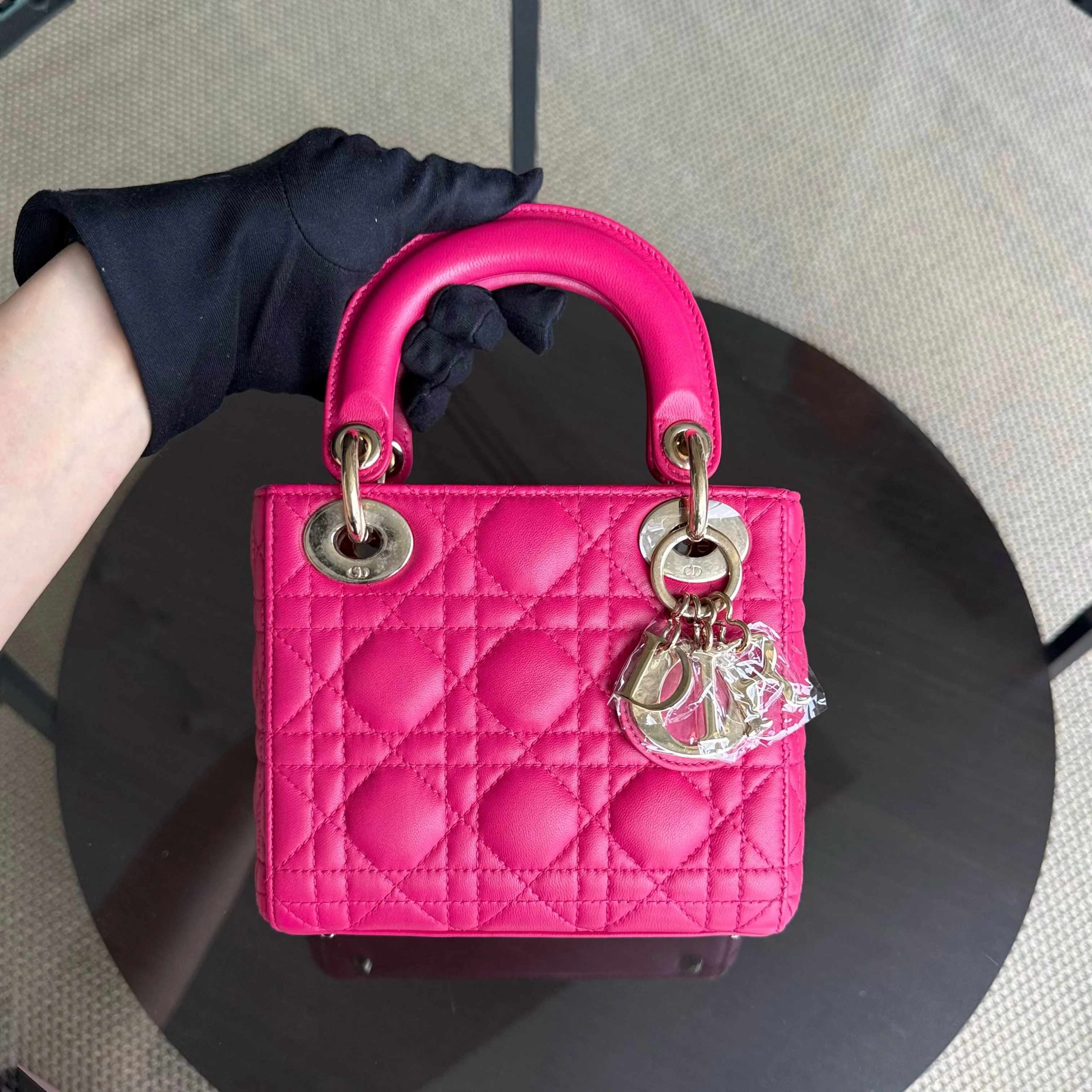 Dior Lady Mini - Cannage Lambskin Hot Pink Gold Hardware Adjustable Strap