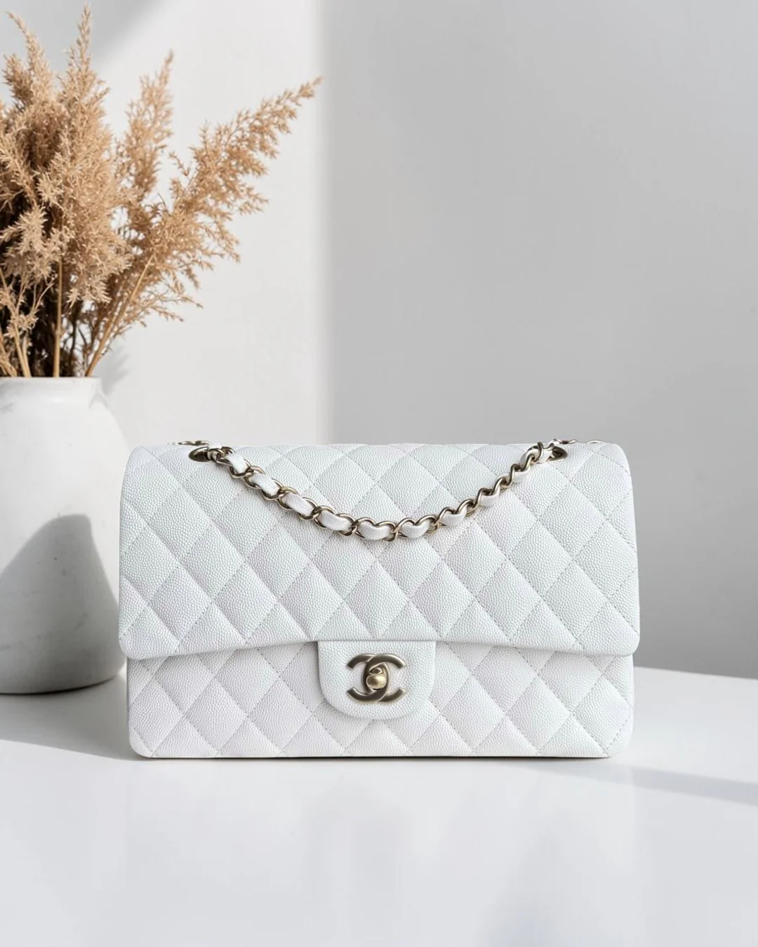 Chanel Classic Flap Medium - Caviar 25CM Quilted Snow White Gold Hardware Microchip