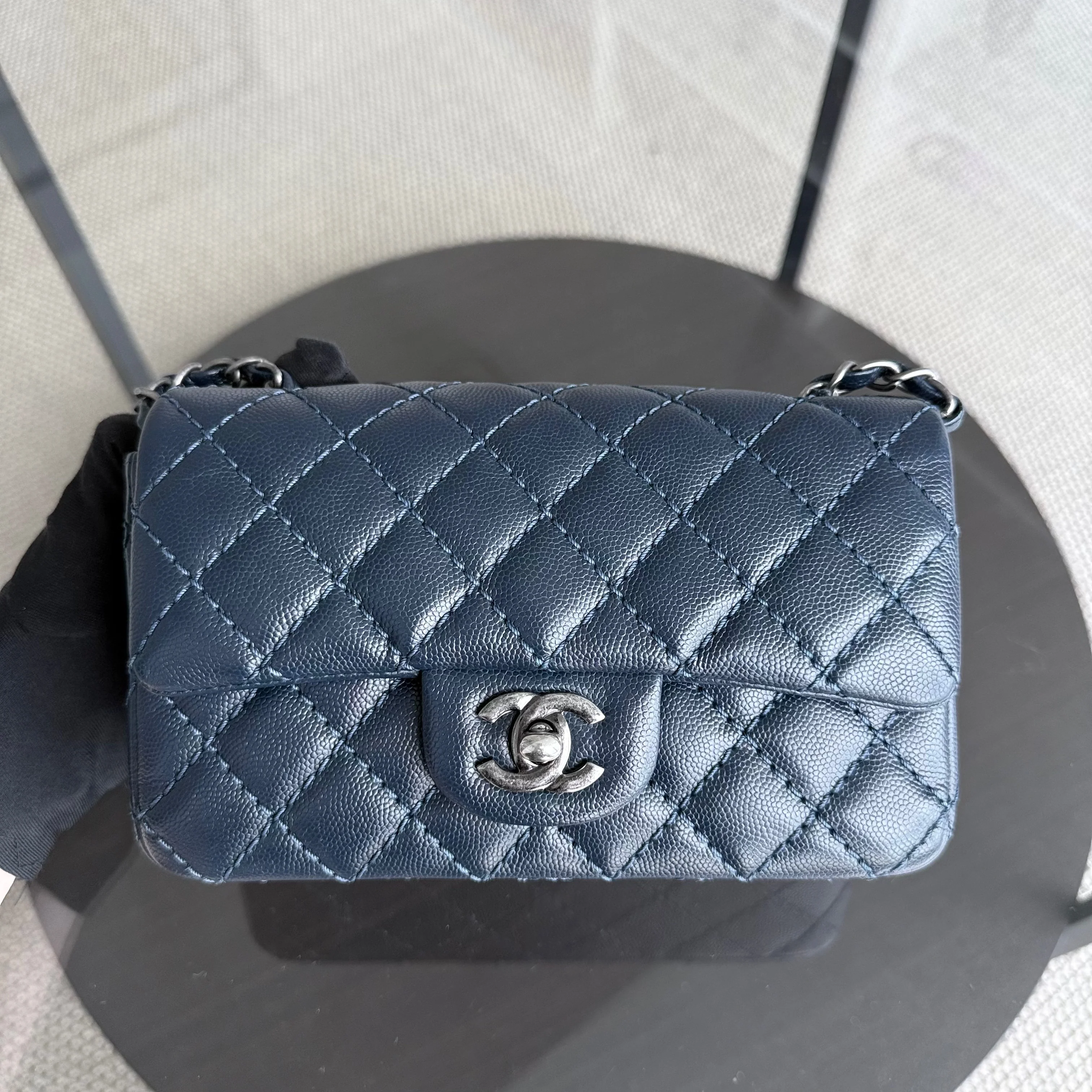 Chanel Classic Flap Mini Rectangle - Caviar 20CM Quilted Dark Blue Ruthenium Silver Hardware Series 23