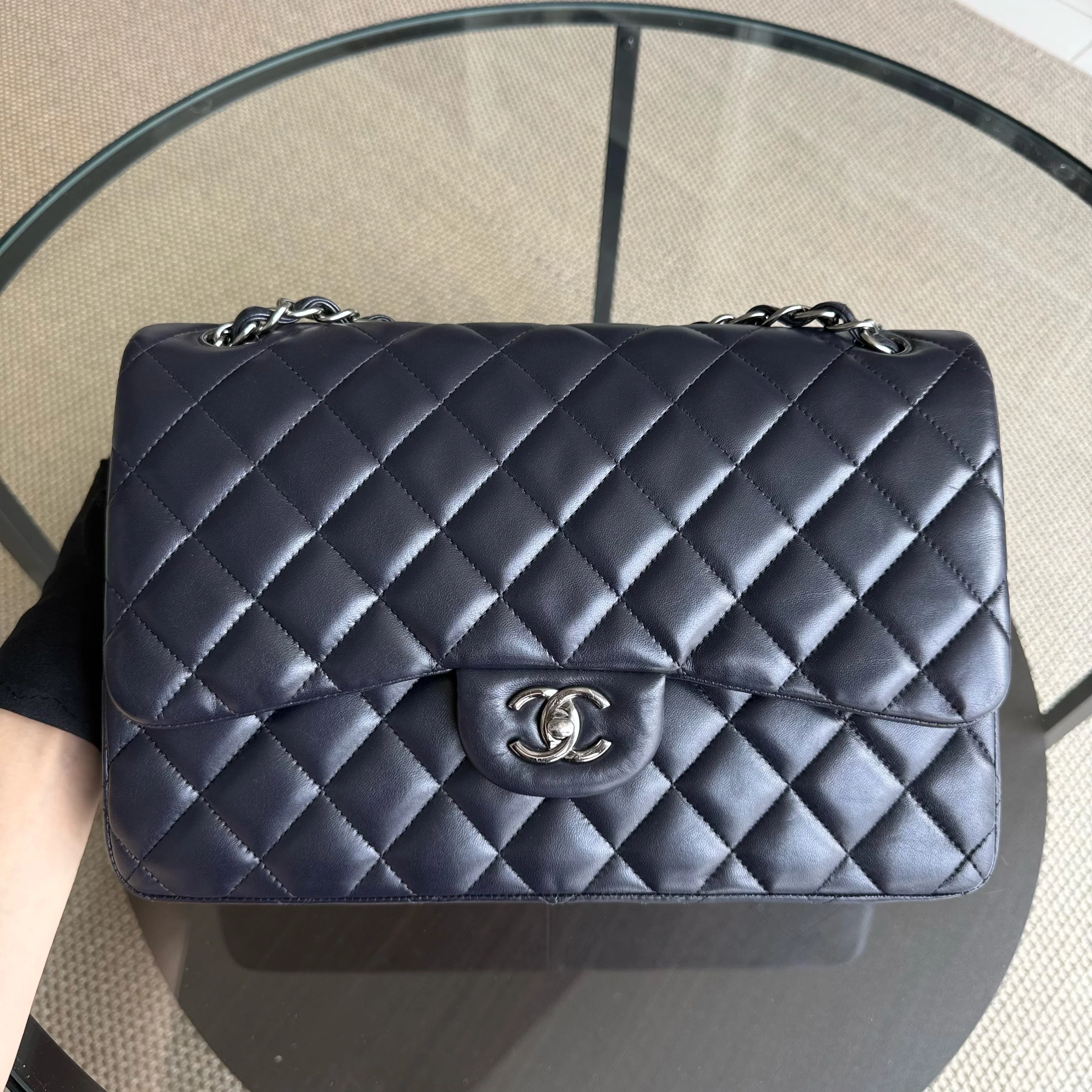 Chanel Classic Flap Jumbo - Double Flap 30CM Quilted Lambskin Dark Blue Silver Hardware Series 23