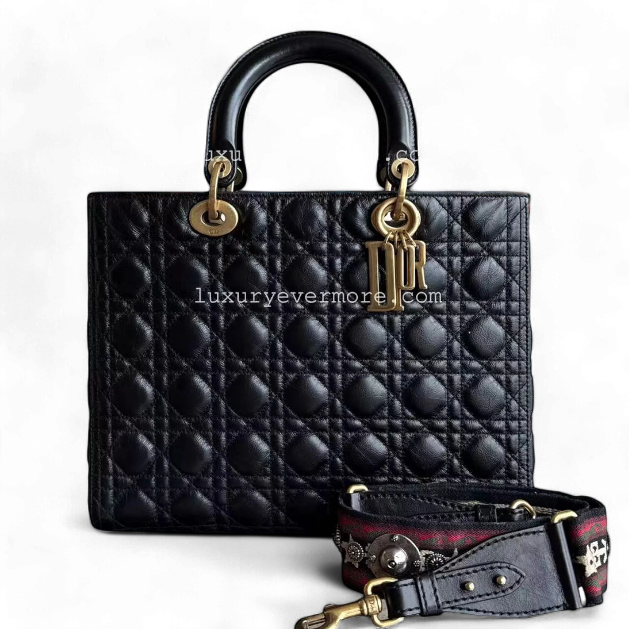 *Flap, Calfskin* Dior Lady Large - Cannage Calfskin Black Golden Hardware