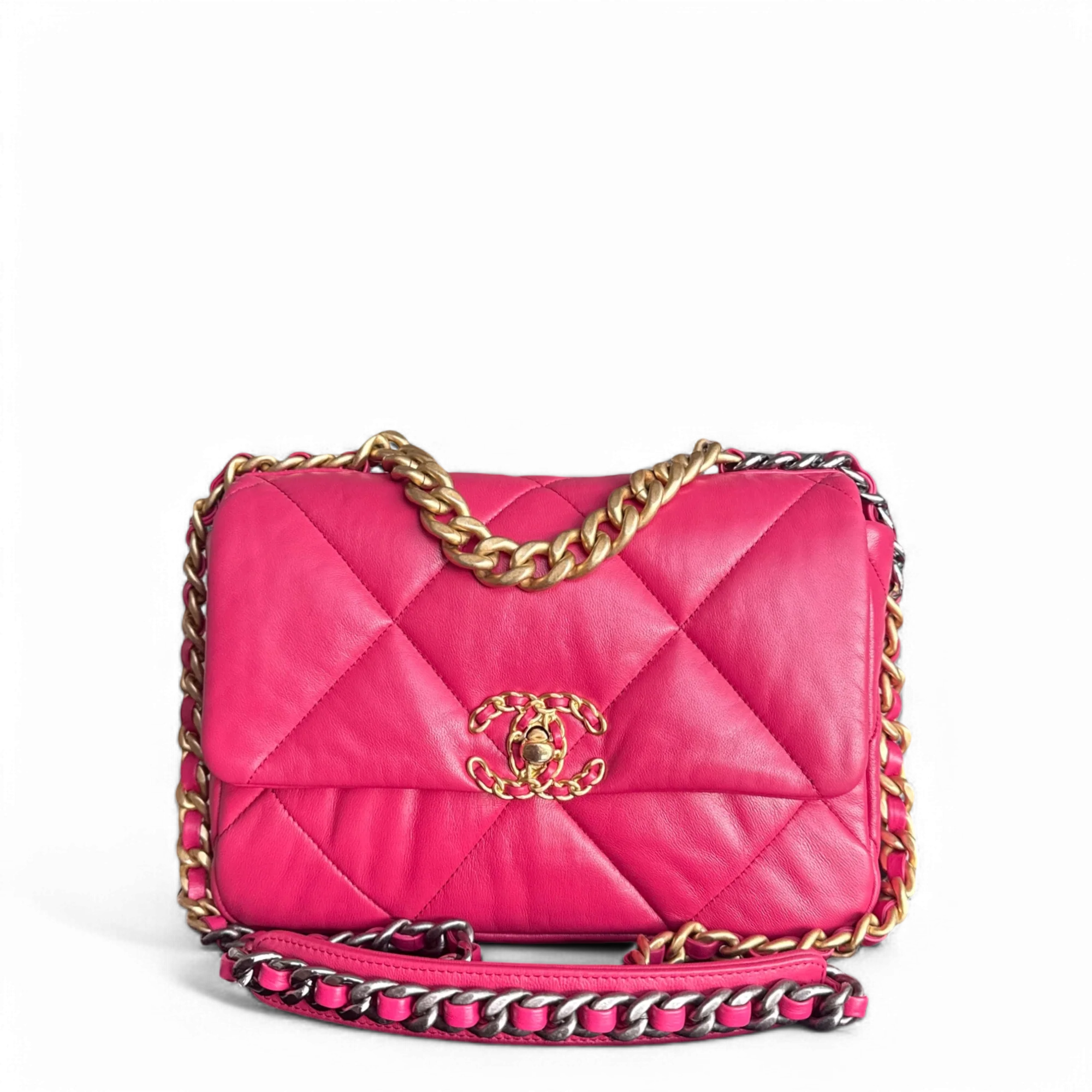 Chanel 19 Bag Small - Quilted Goatskin Hot Pink Two-tone Gold Hardware Series 29