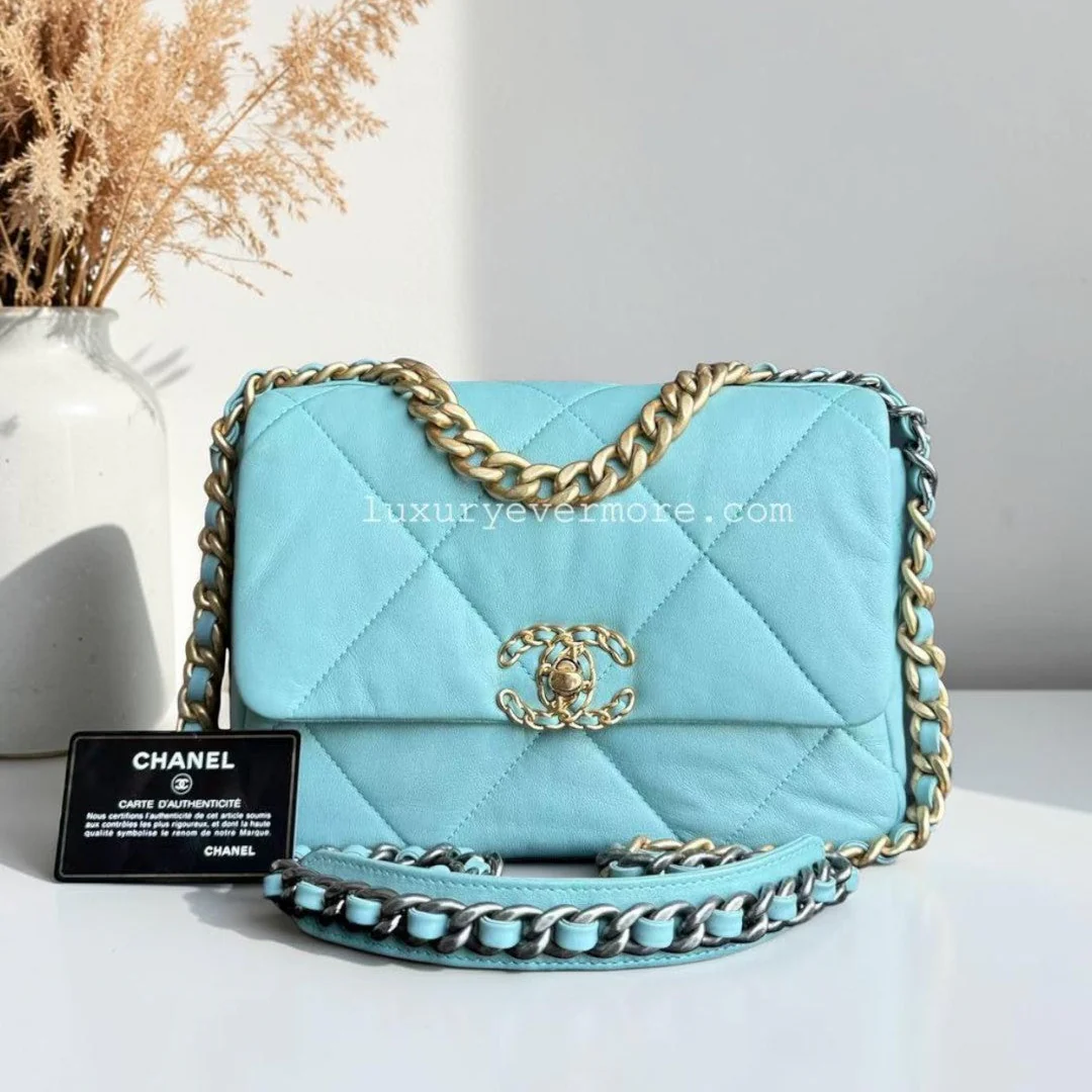Chanel Small 19 Bag C19 Quilted Goatskin Tiffany Blue Two Tone Golden Hardware Sereis 29