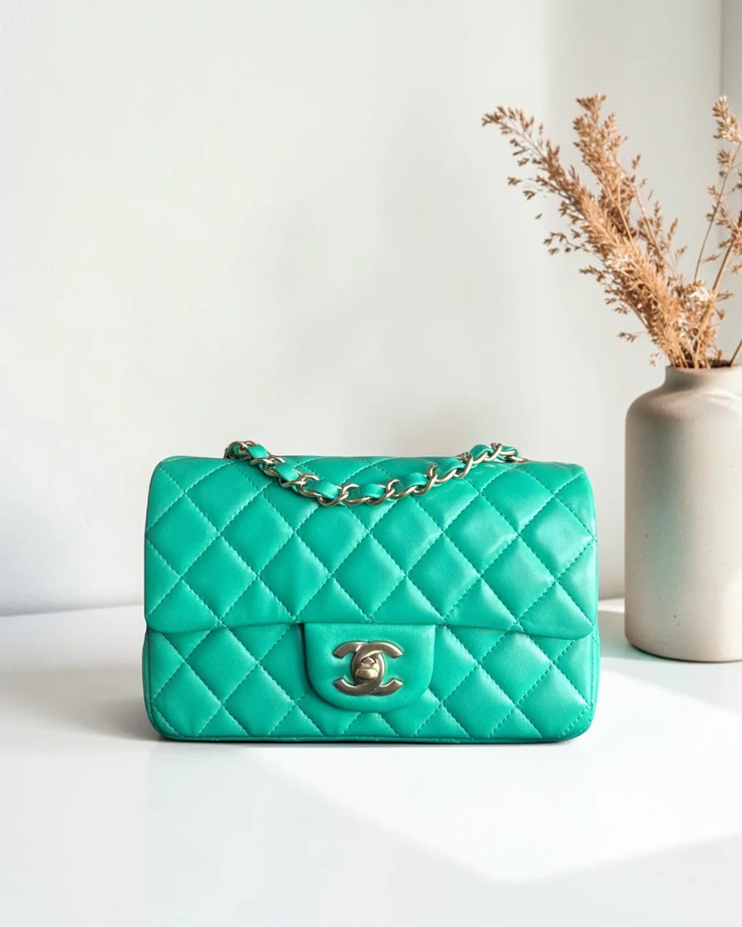 Chanel Classic Flap Mini - 20CM Quilted Lambskin Green Gold Hardware Series 18